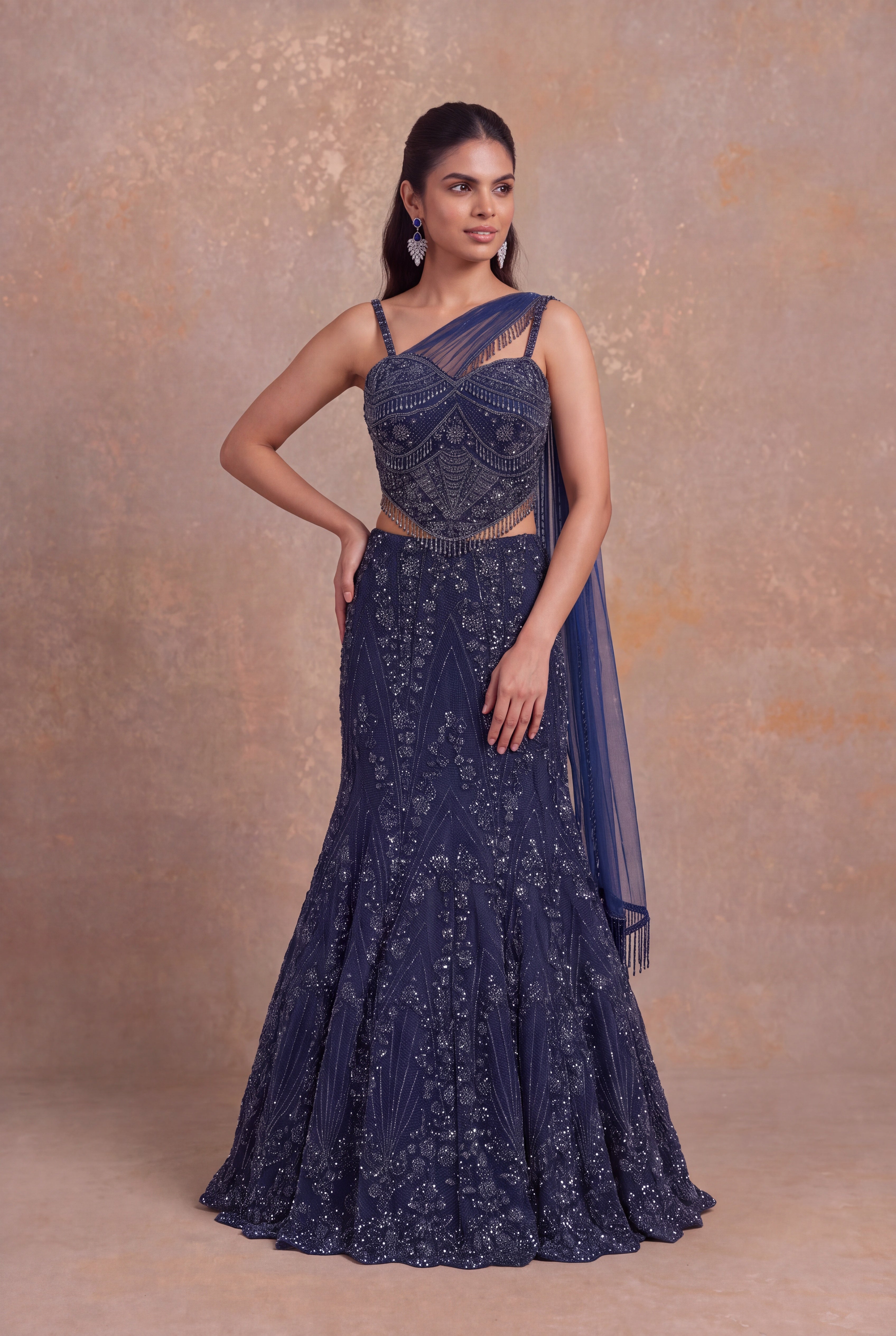 Navy Blue Net Lehenga with Corset Blouse and One-Shoulder Drape