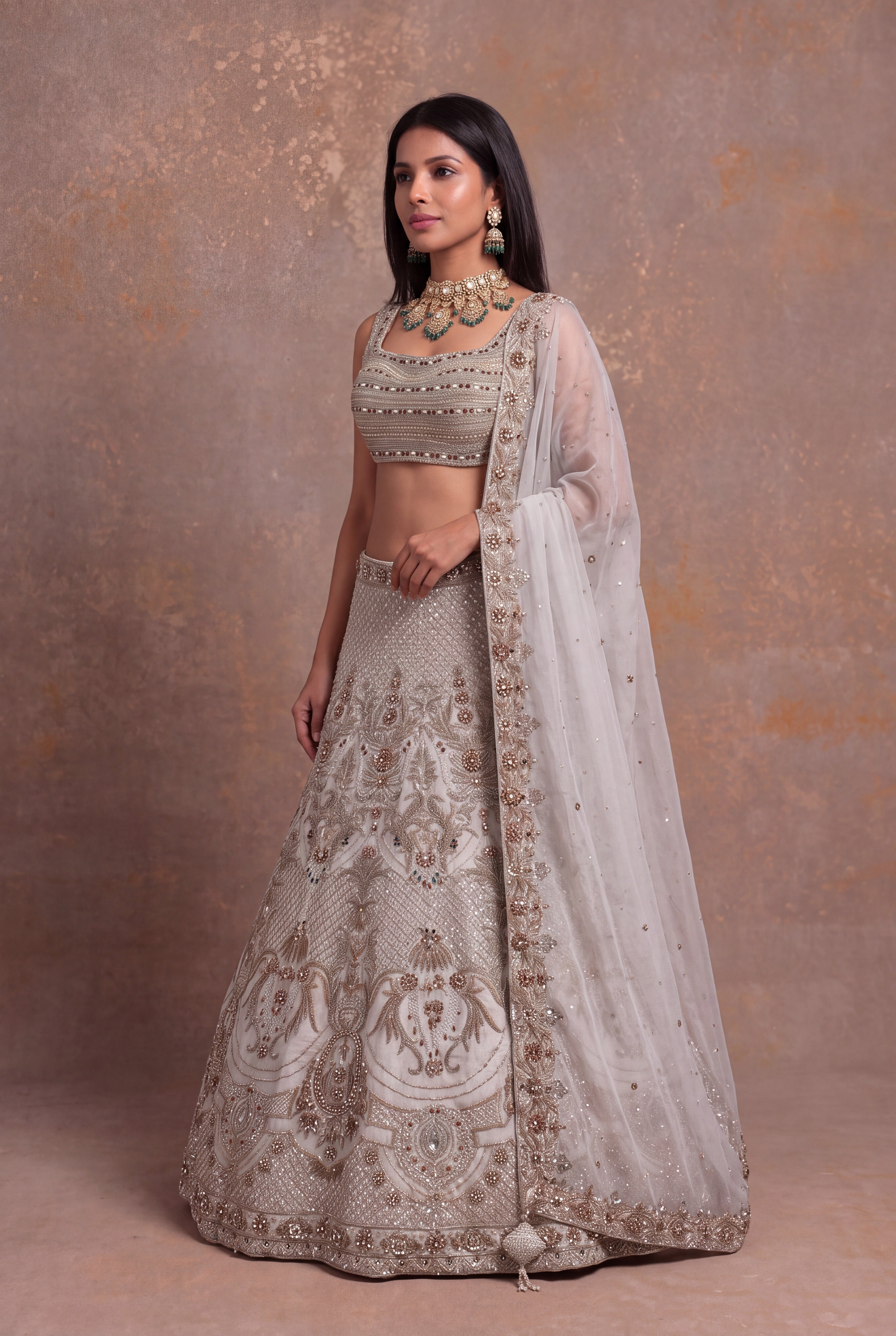 Ivory Tissue Organza Lehenga with Zardozi & Beaded Embroidery