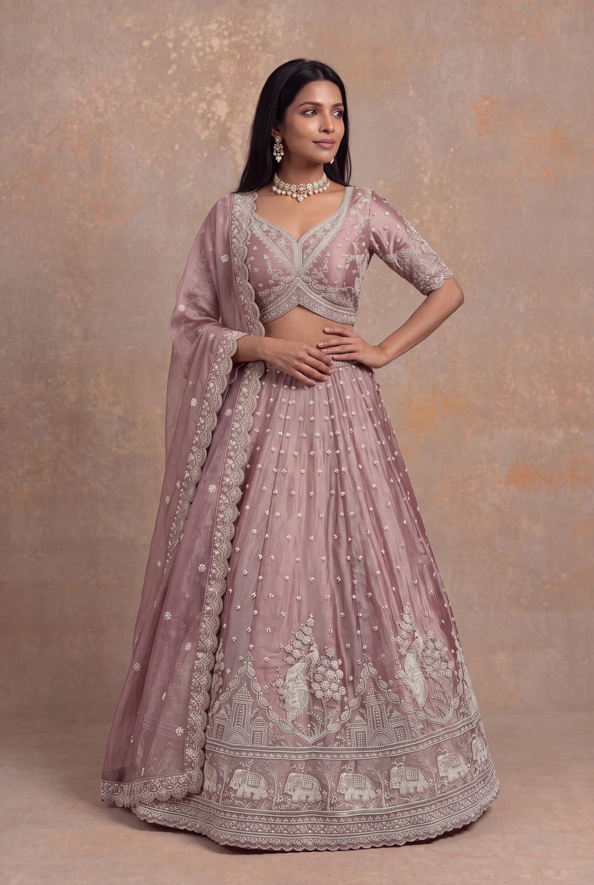Dusty Rose Shimmer Organza Embroidered Lehenga