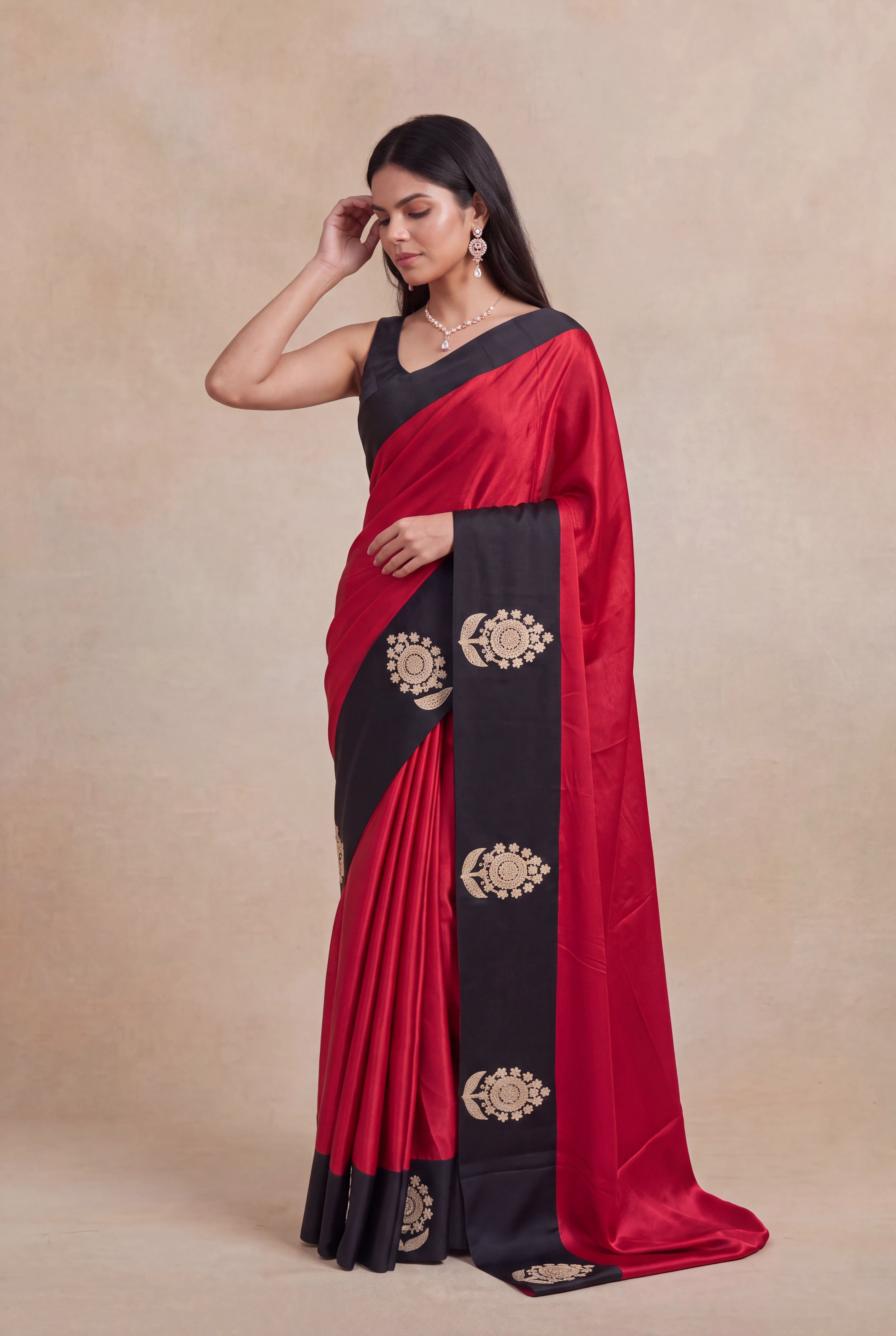 Red Satin Silk Saree with Black Sequin Border