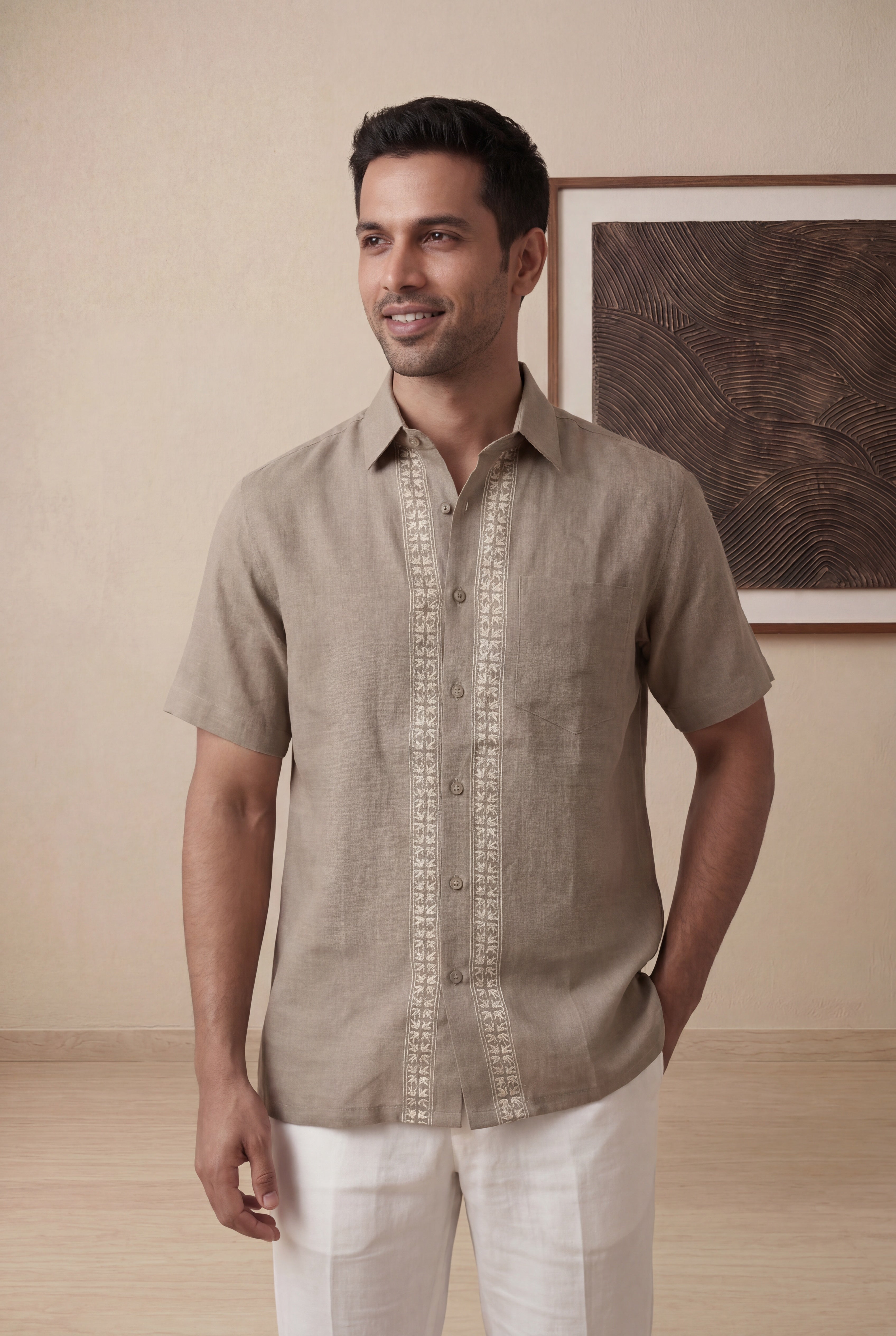 Dark Beige Linen Half Sleeve Shirt
