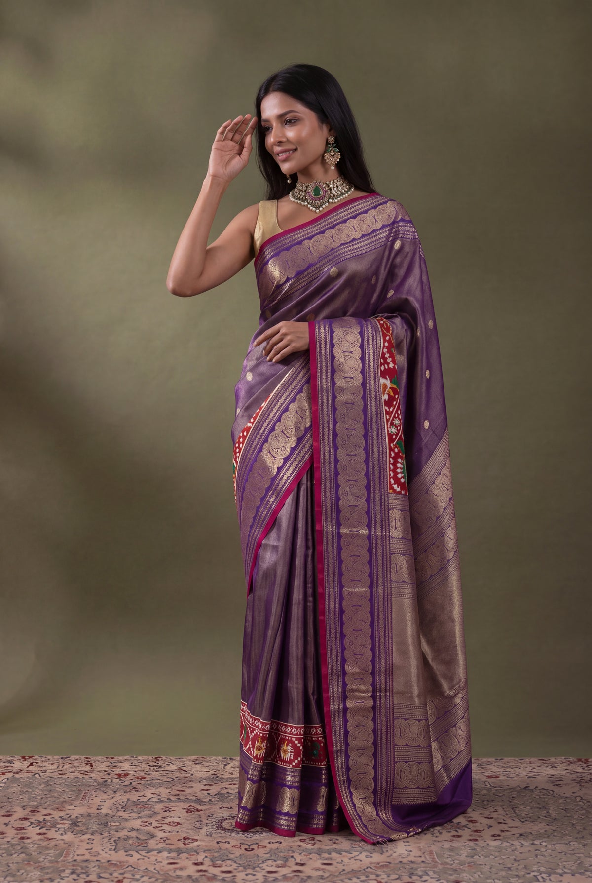 Purple Kanchipuram Silk Fusion Saree with Patan Patola Border