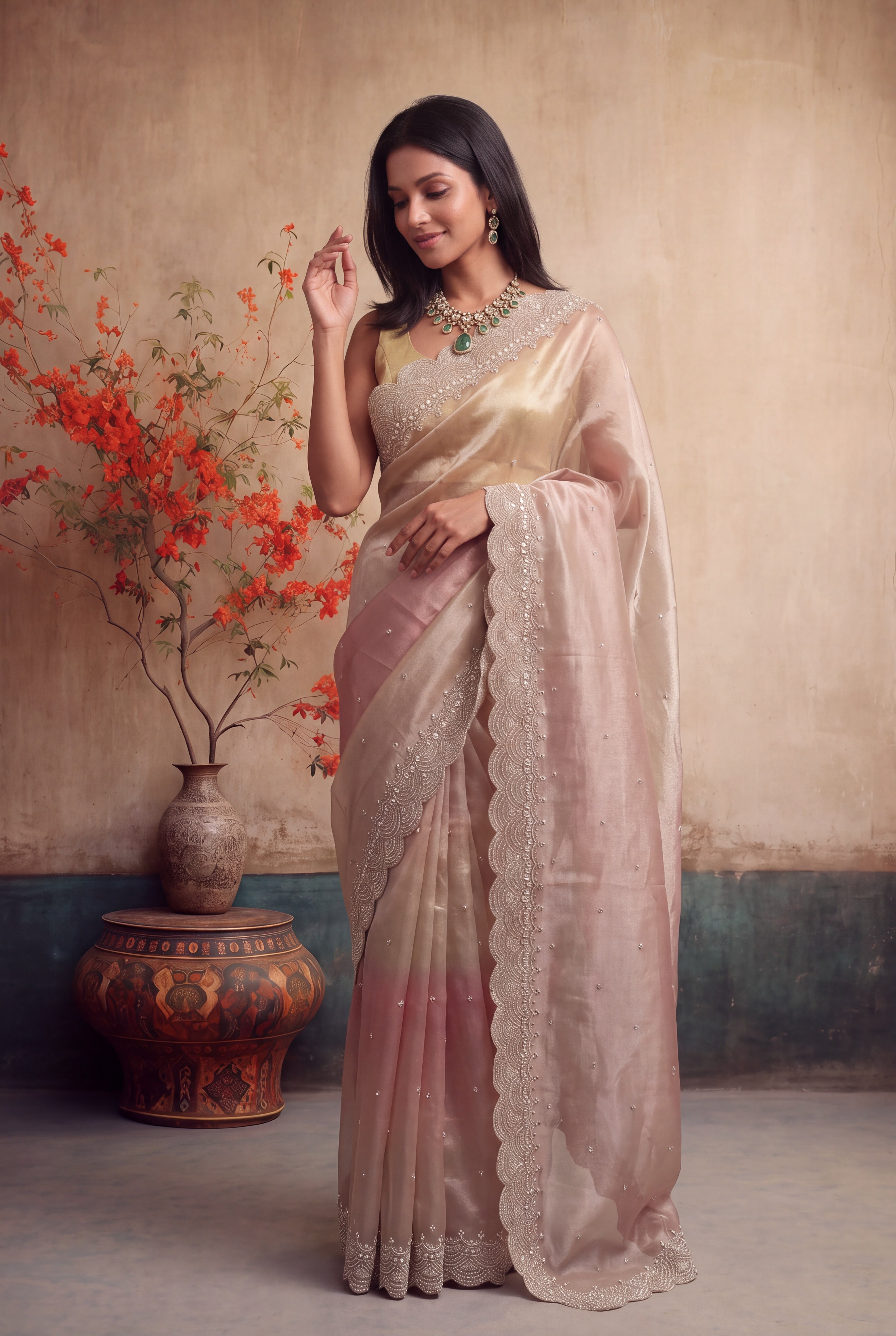 Shaded Glass Tissue Saree with Beaded Scallop Border