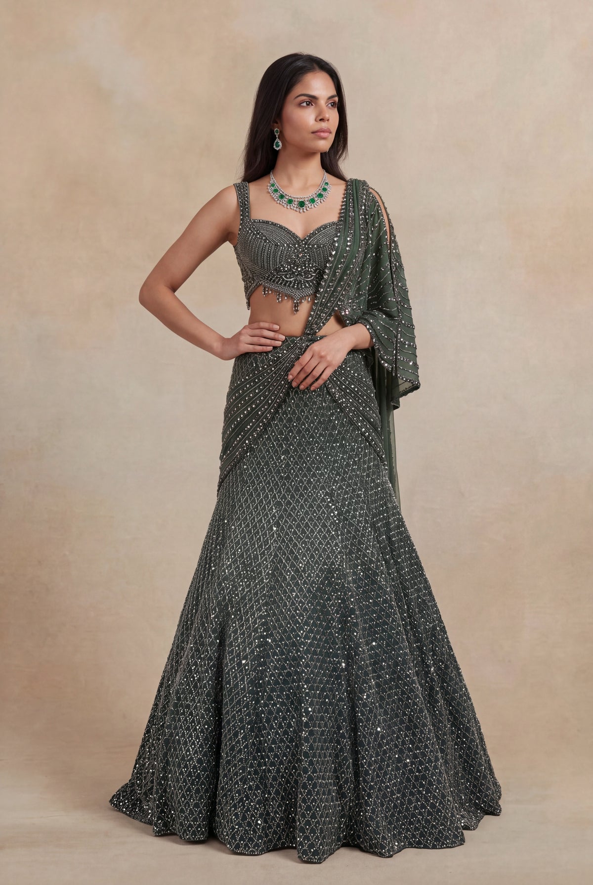 Mehandi Green Net Lehenga