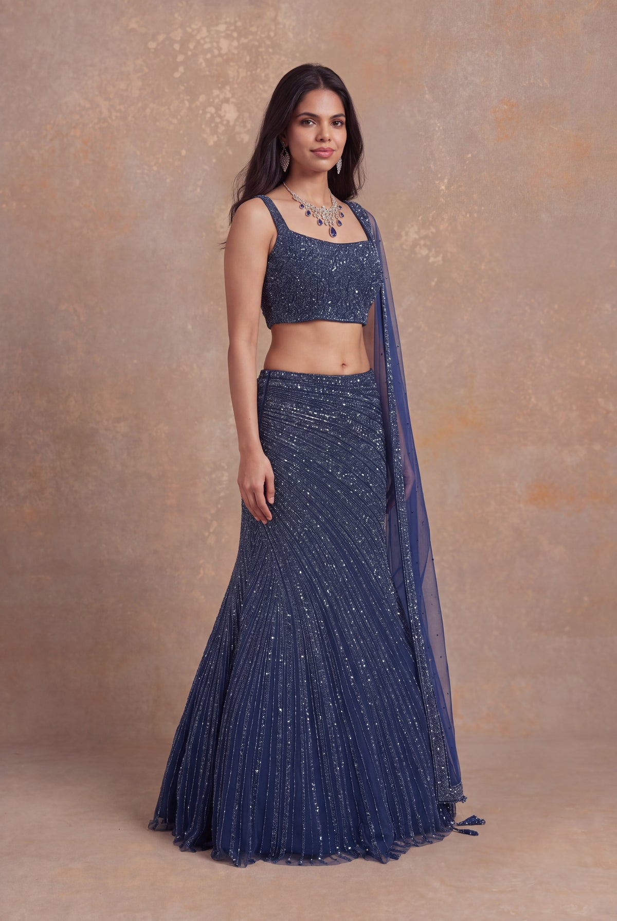 Navy Blue Fish Cut Net Lehenga