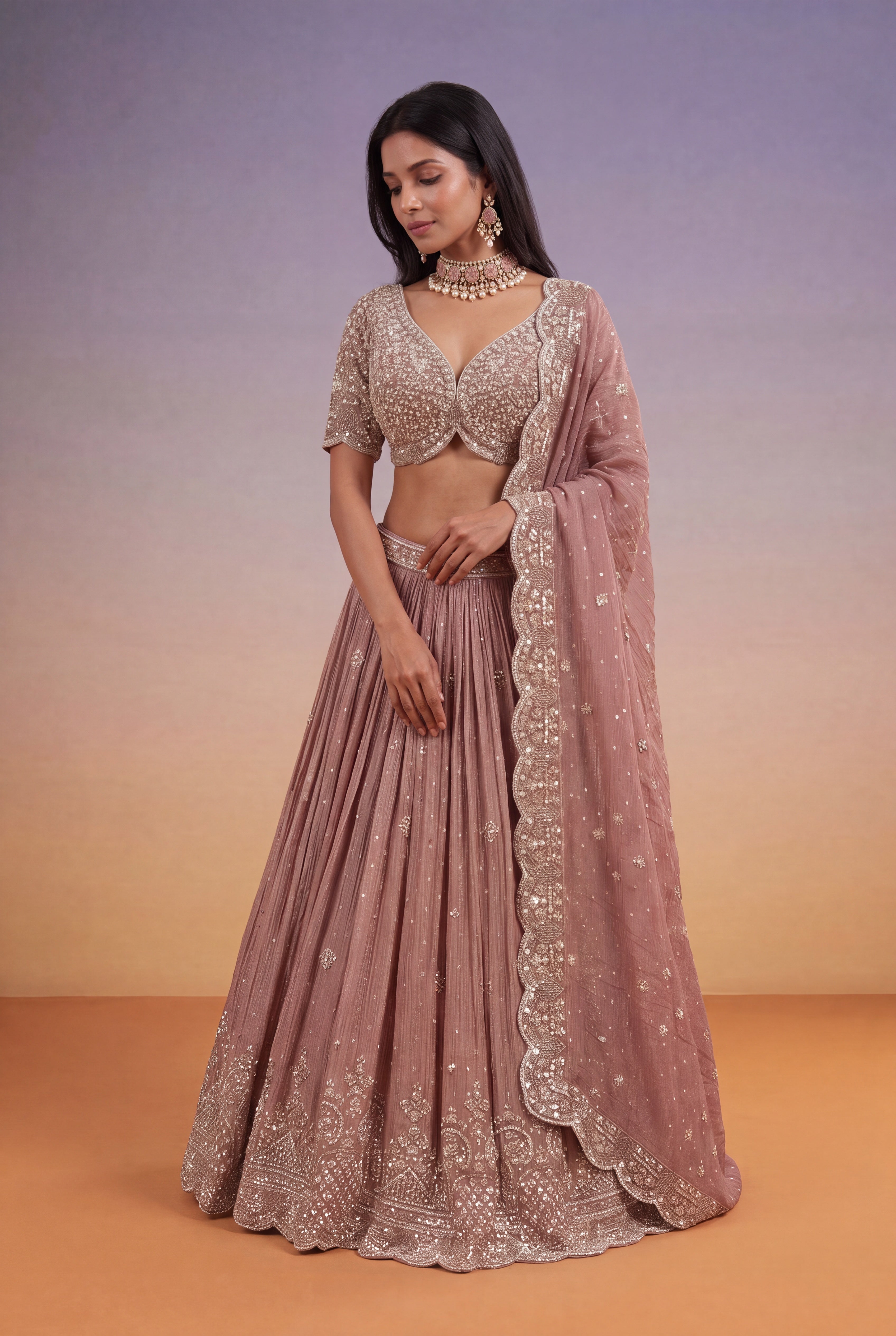 Dusty Rose Tissue Lehenga with Sequin, Kutdana & Pearl Embroidery