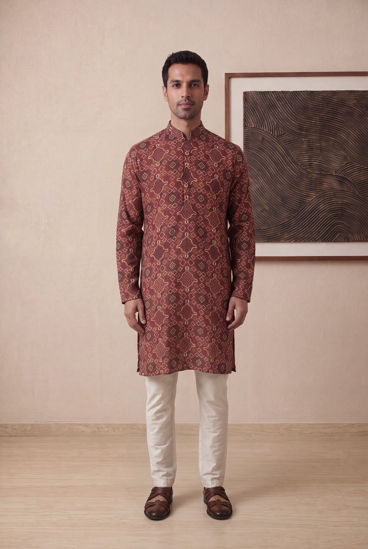 Maroon Chanderi Silk Bandhani Kurta Pant Set