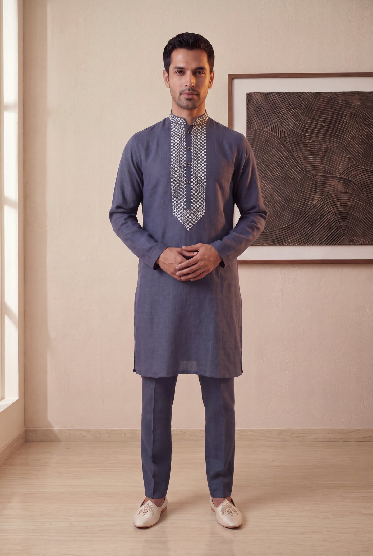 Grey Linen Kurta Pant Set
