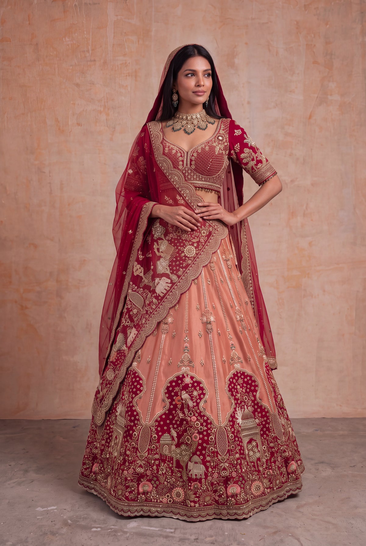 Peach & Deep Red Tissue Bridal Lehenga