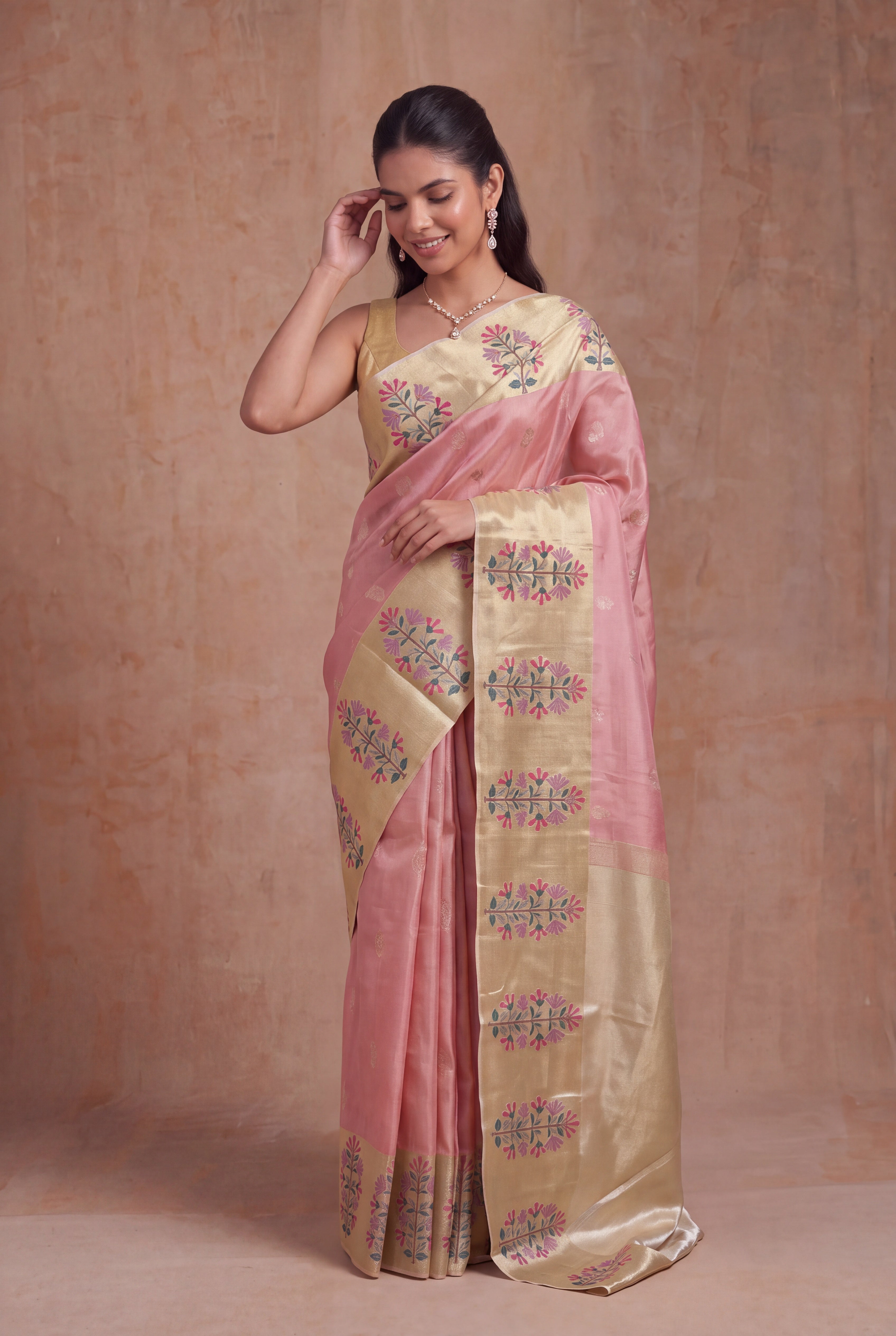 Rose Gold Tissue Kanchivaram Silk Saree with Thread Motifs