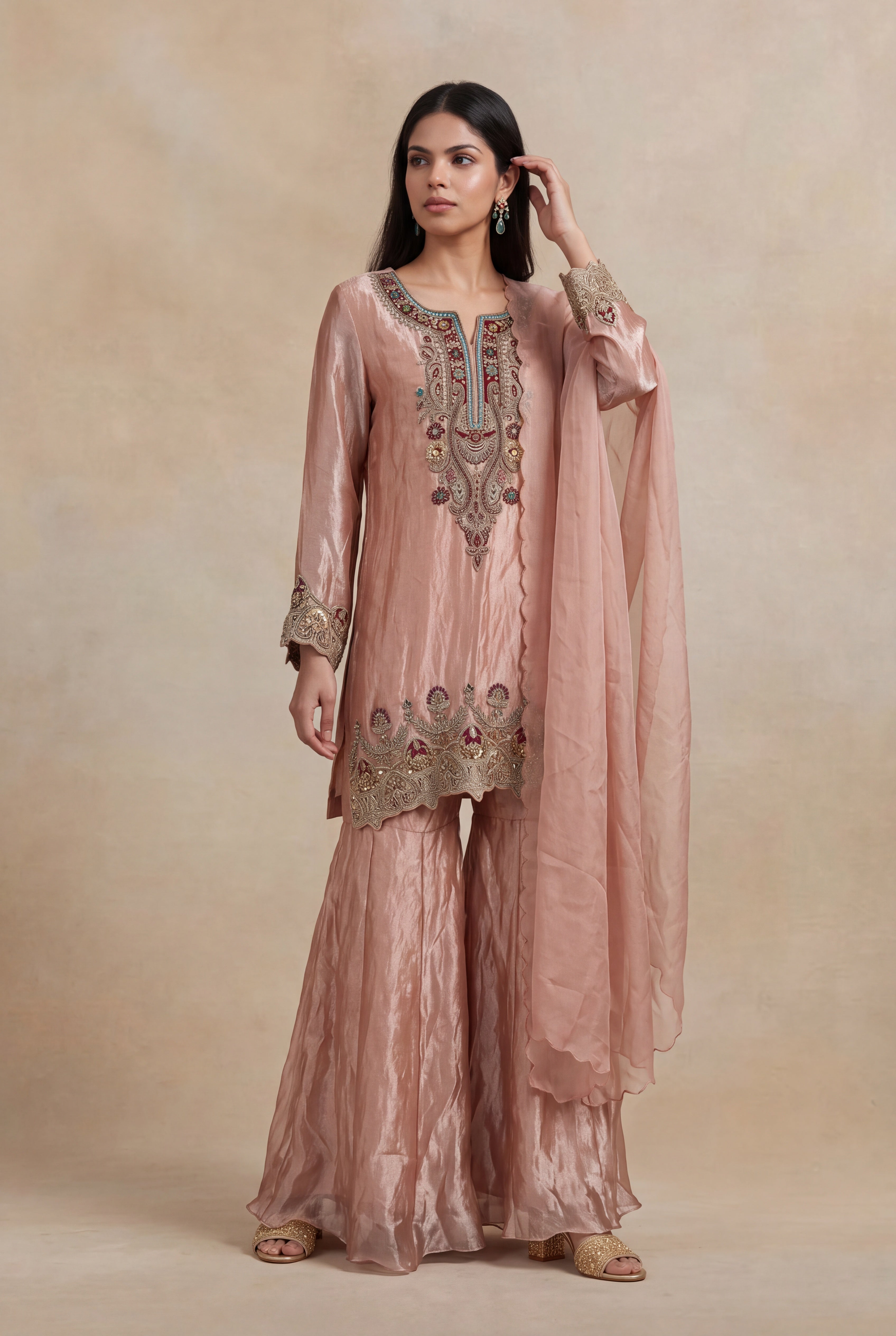 Blush Pink Tissue Sharara Set with Zardosi & Kundan Work