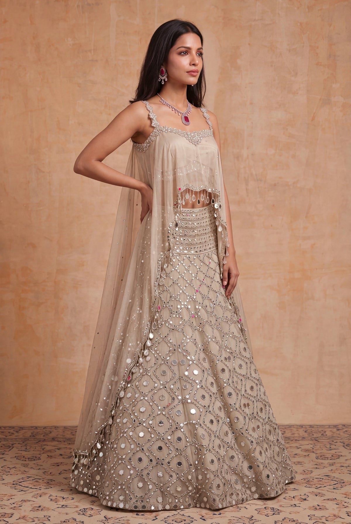 Beige Mirror Work Tissue Lehenga Set