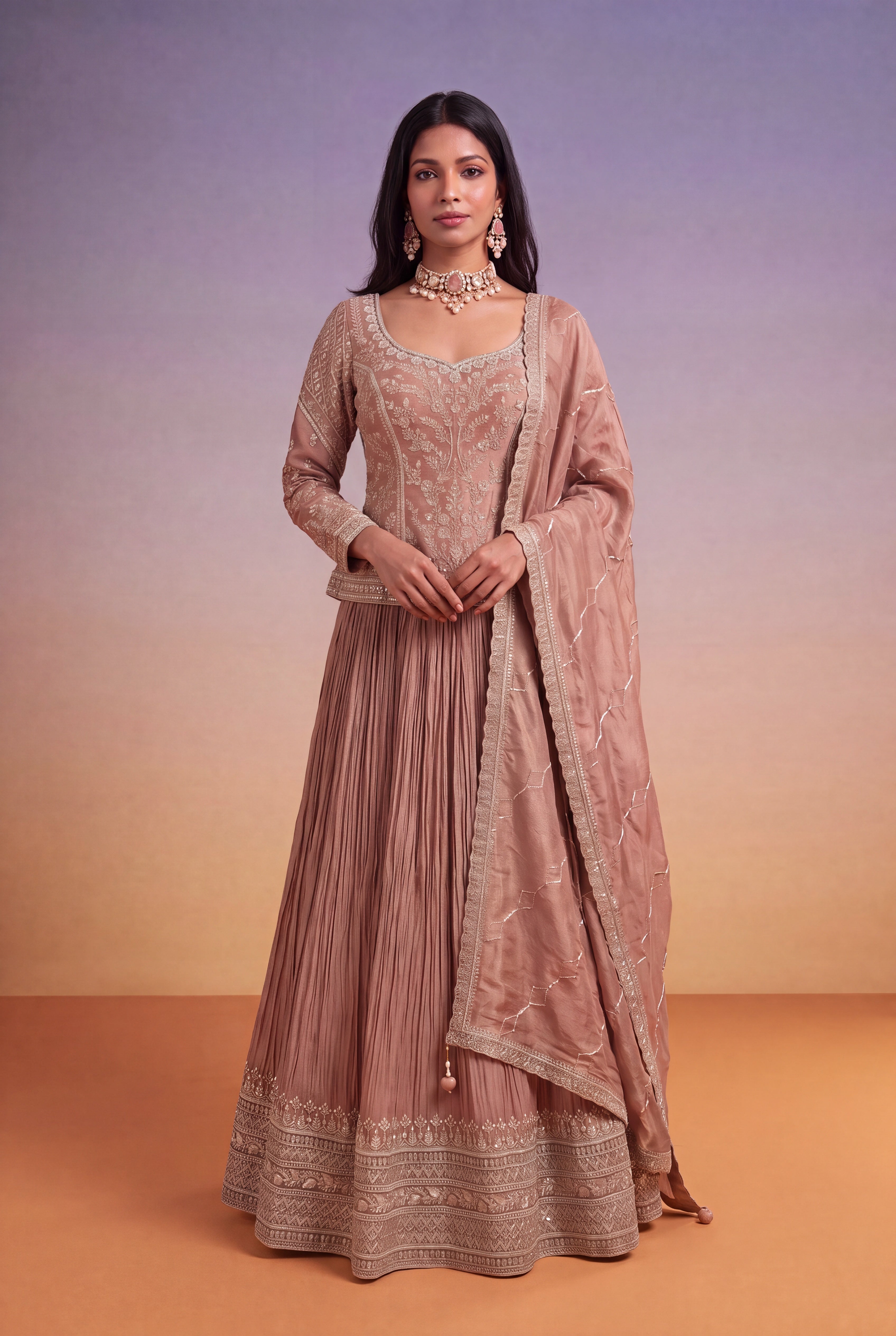 Mauve Chinon Lehenga with Zari-Embroidered Tissue Silk Top