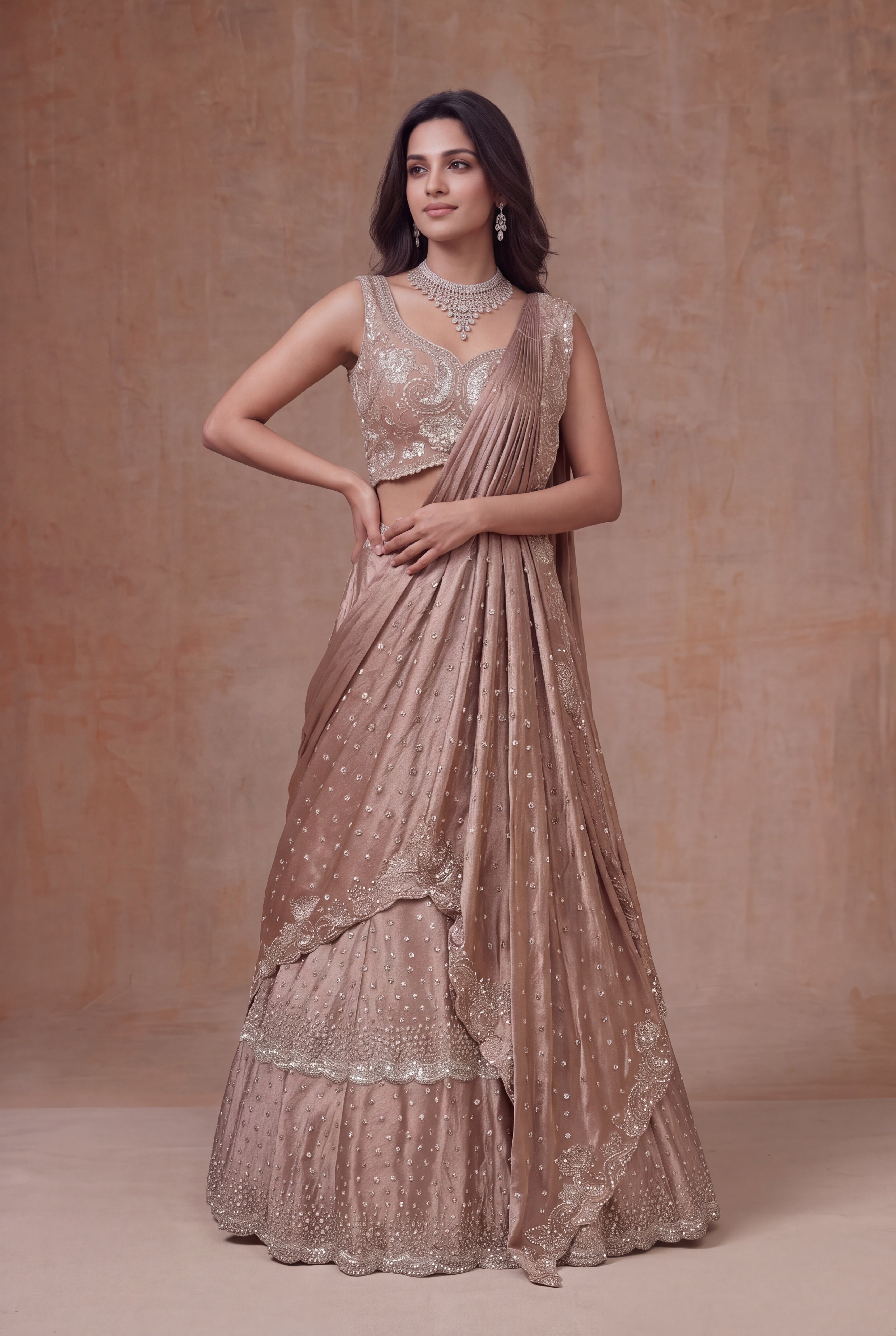Rose Taupe Satin Silk Draped Lehenga with Sequin Work