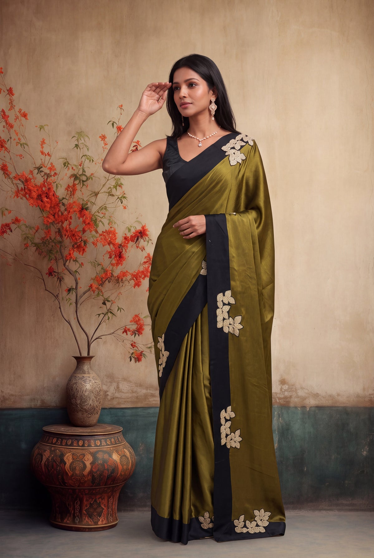 Olive Green Crepe Silk Saree