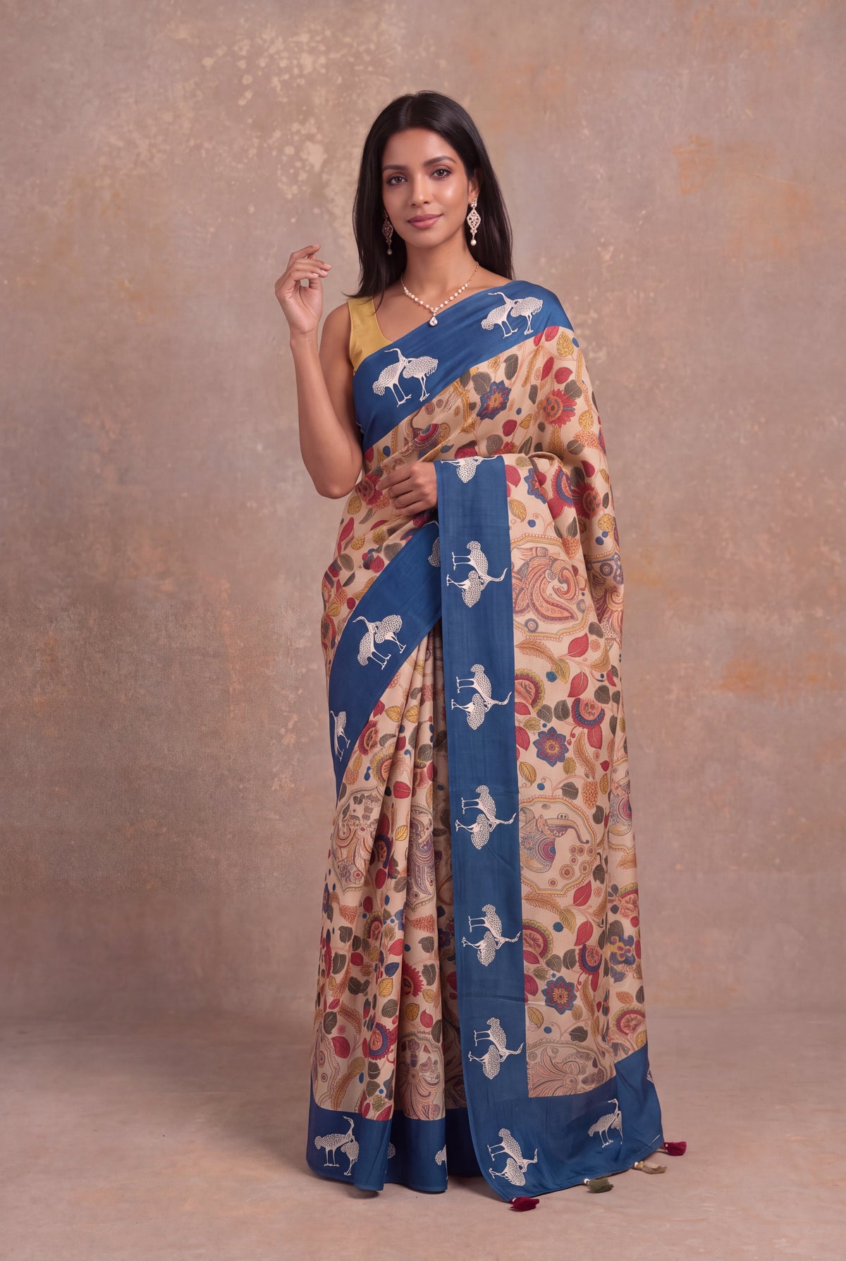 Off-White Tussar Silk Kalamkari Saree