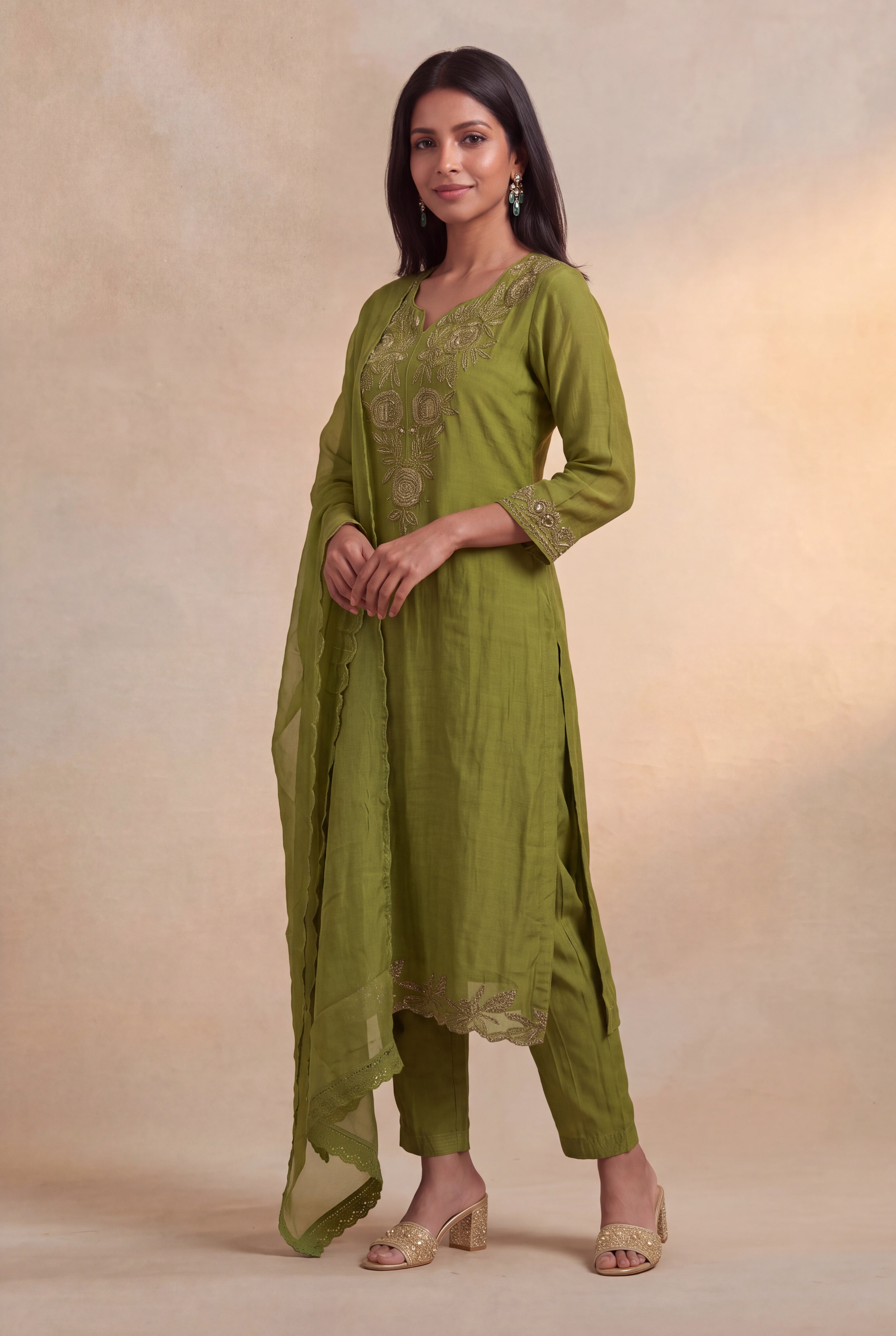 Olive Green Mul Cotton Straight-Cut Salwar Set