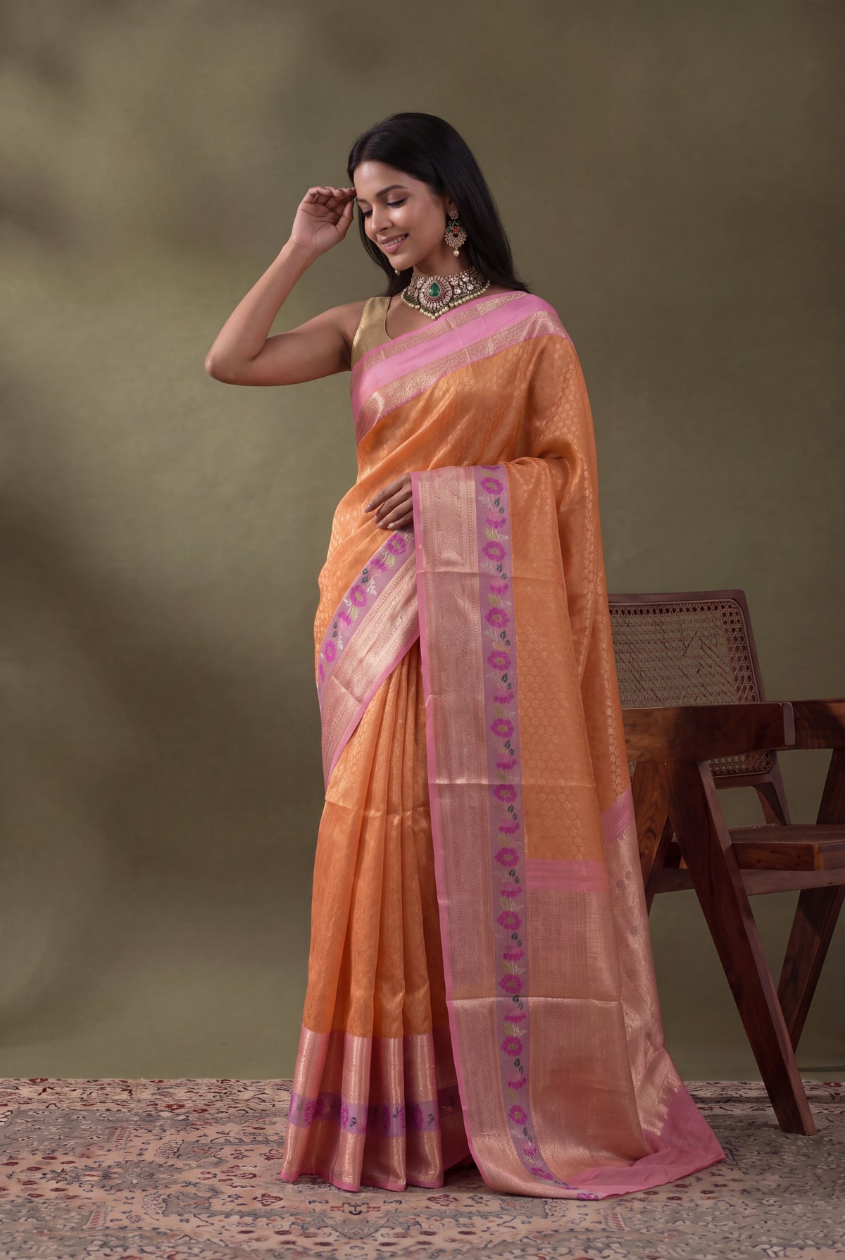 Peach Banarasi Kora Silk Fusion Saree