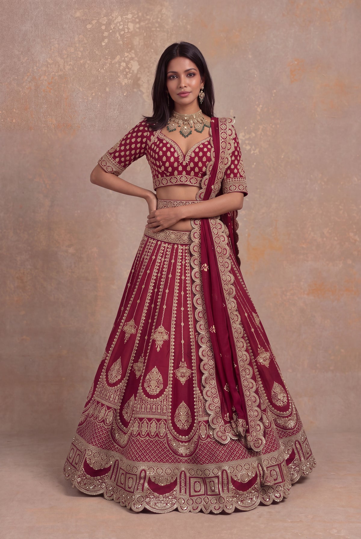 Maroon Raw Silk Lehenga Set with Zari and Pearl Embroidery