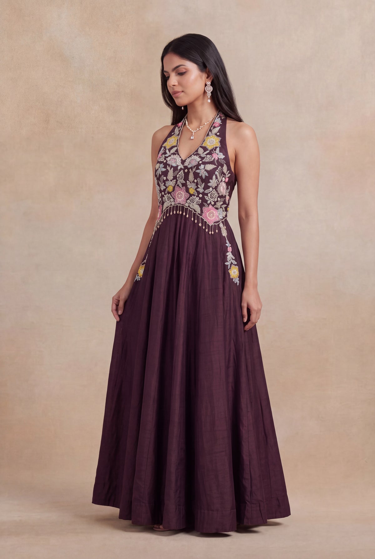 Wine Raw Silk Floral Embroidered Western Gown