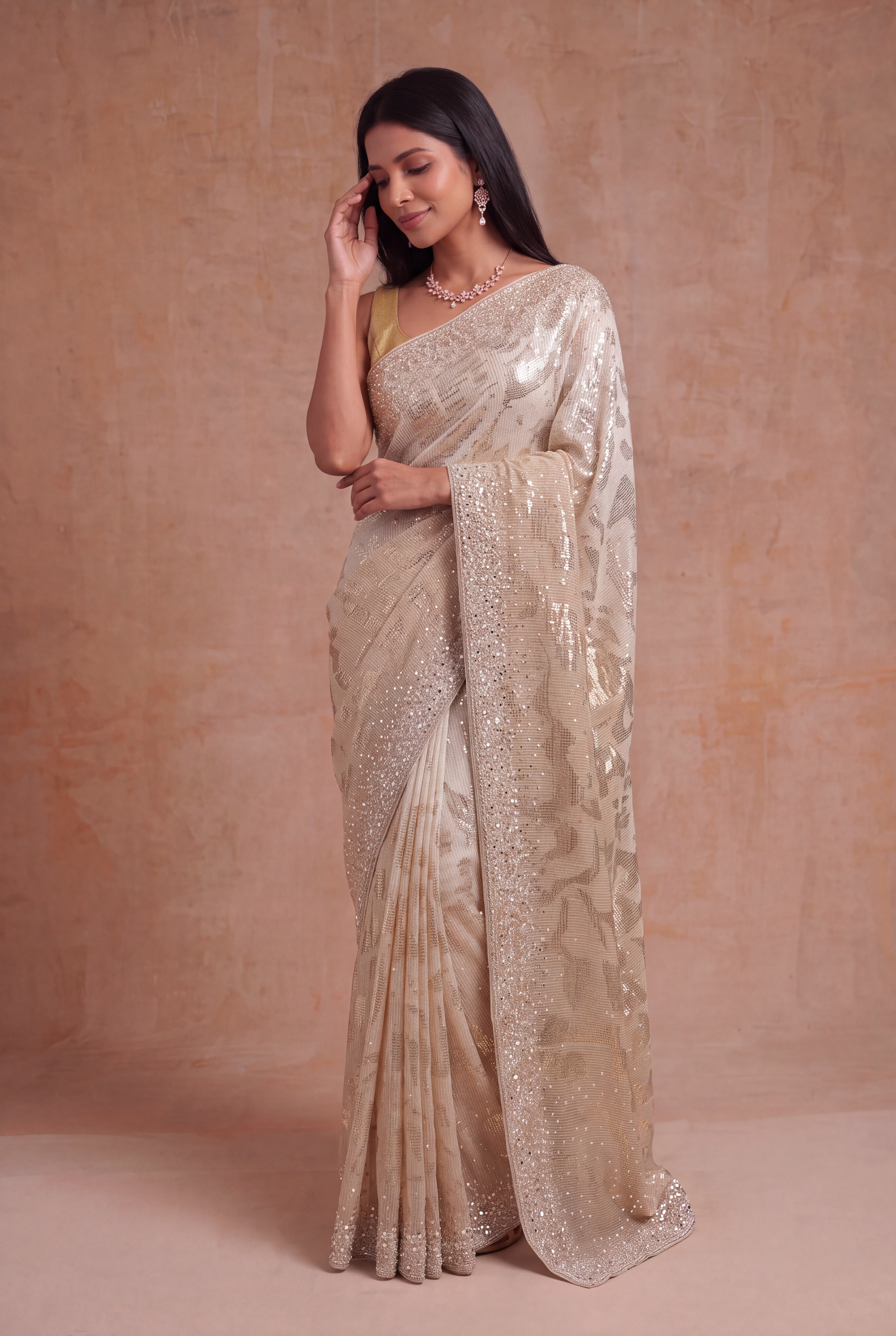 Gold Georgette Saree with Sequin & Mirror Work
