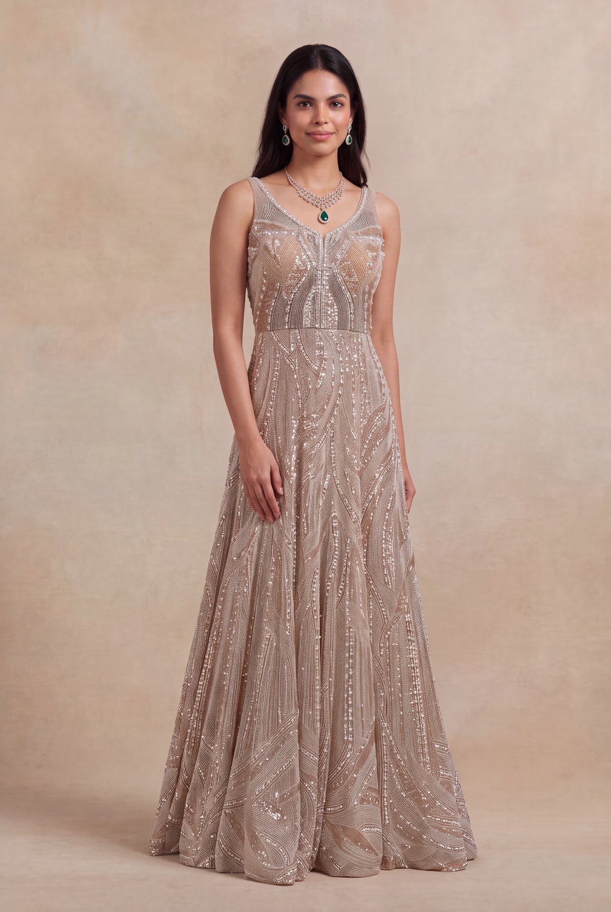 Champagne Gold Sequin & Pearl Embroidered Gown