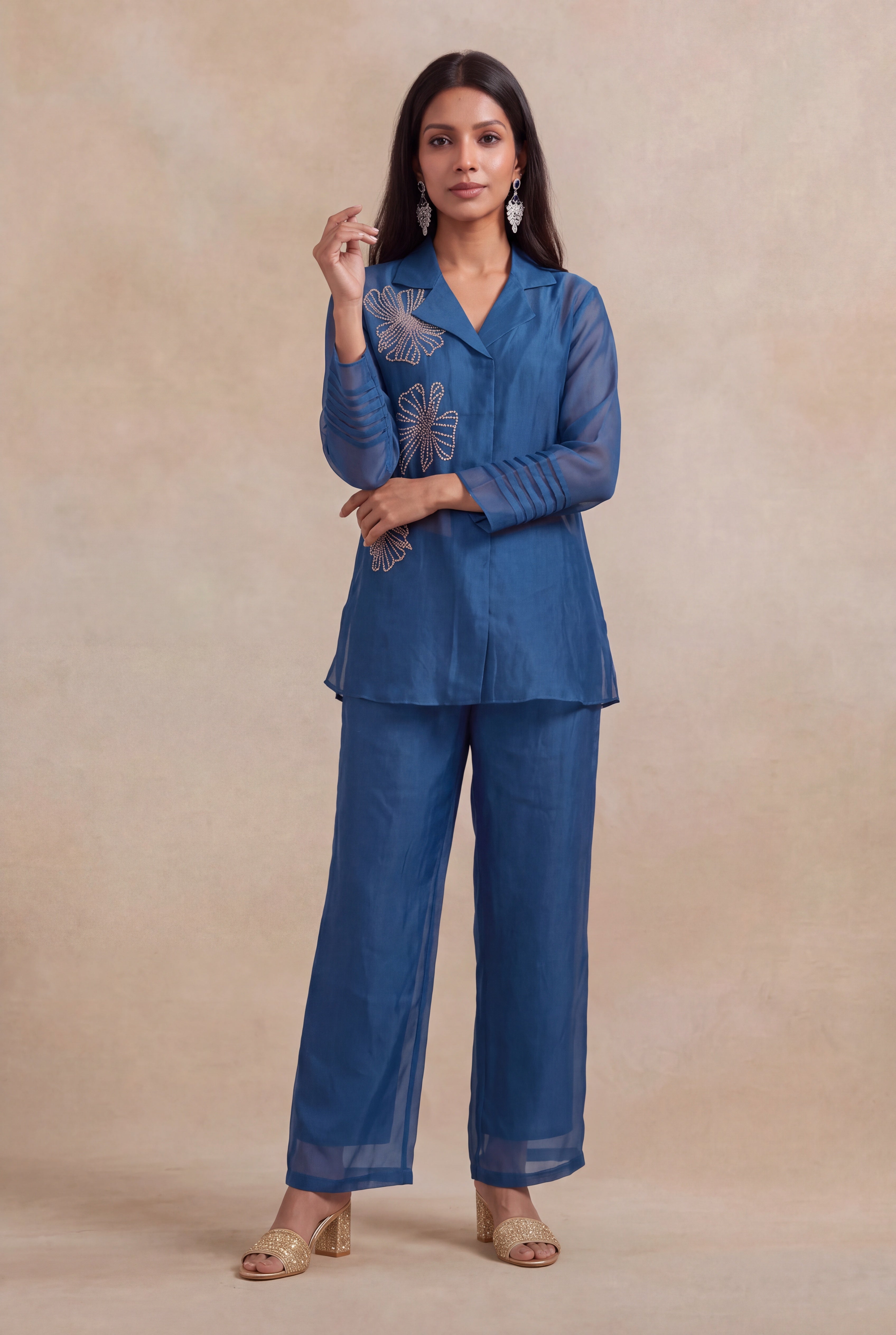 Teal Blue Organza Katdana Co-ord Set