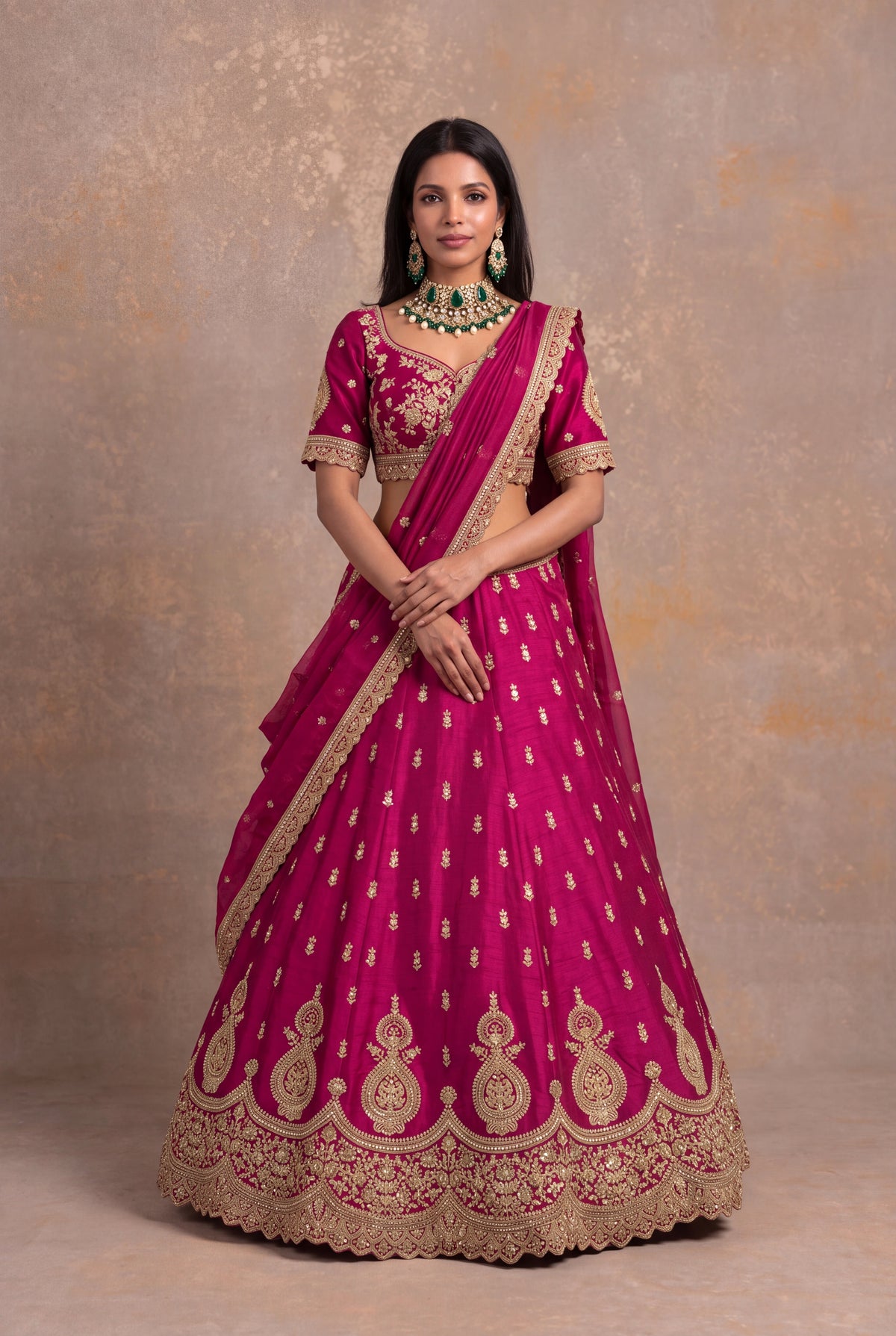 Magenta Raw Silk Lehenga Set with Zardozi and Kundan Work