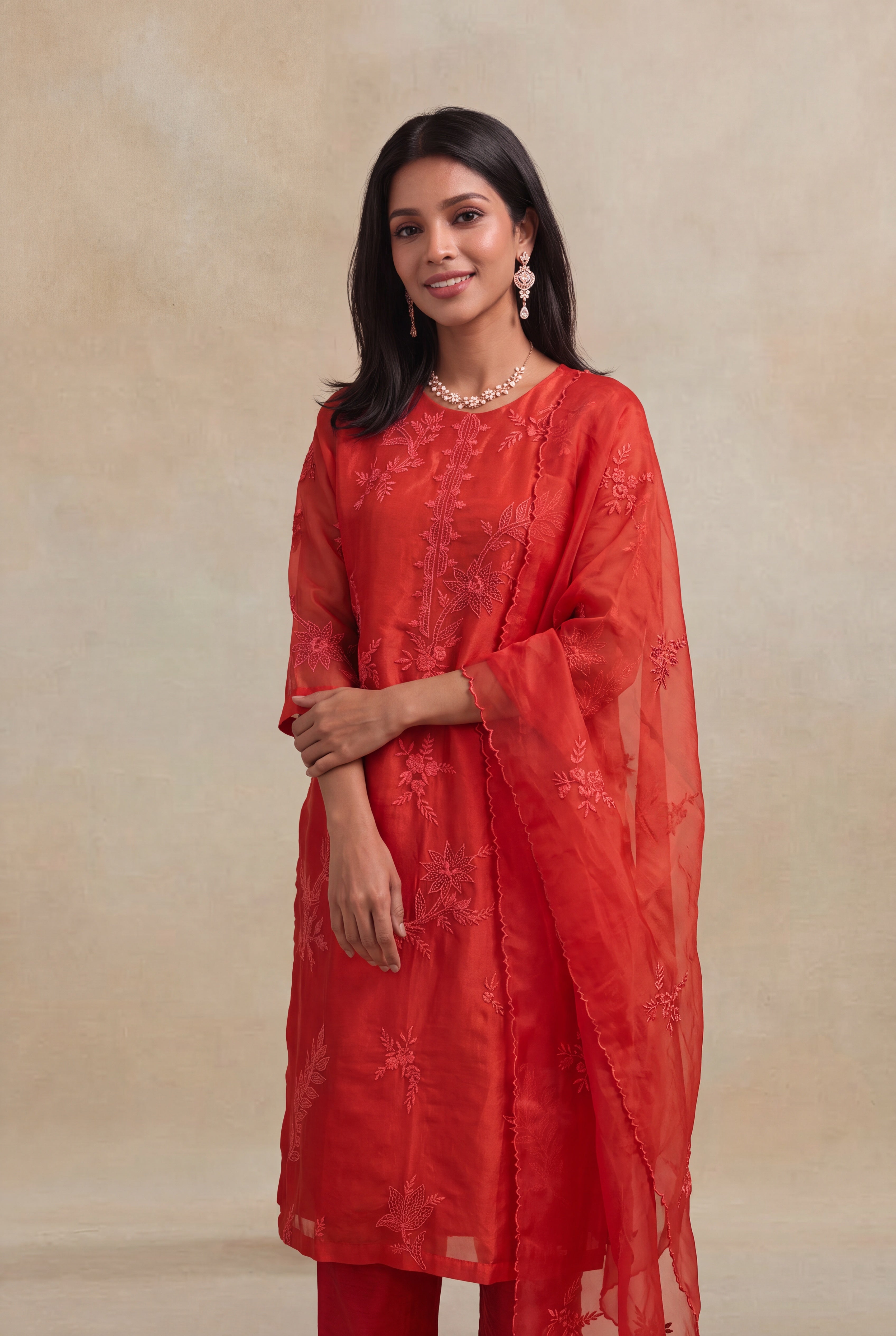 Rust Orange Organza Embroidered Straight-Cut Salwar Set