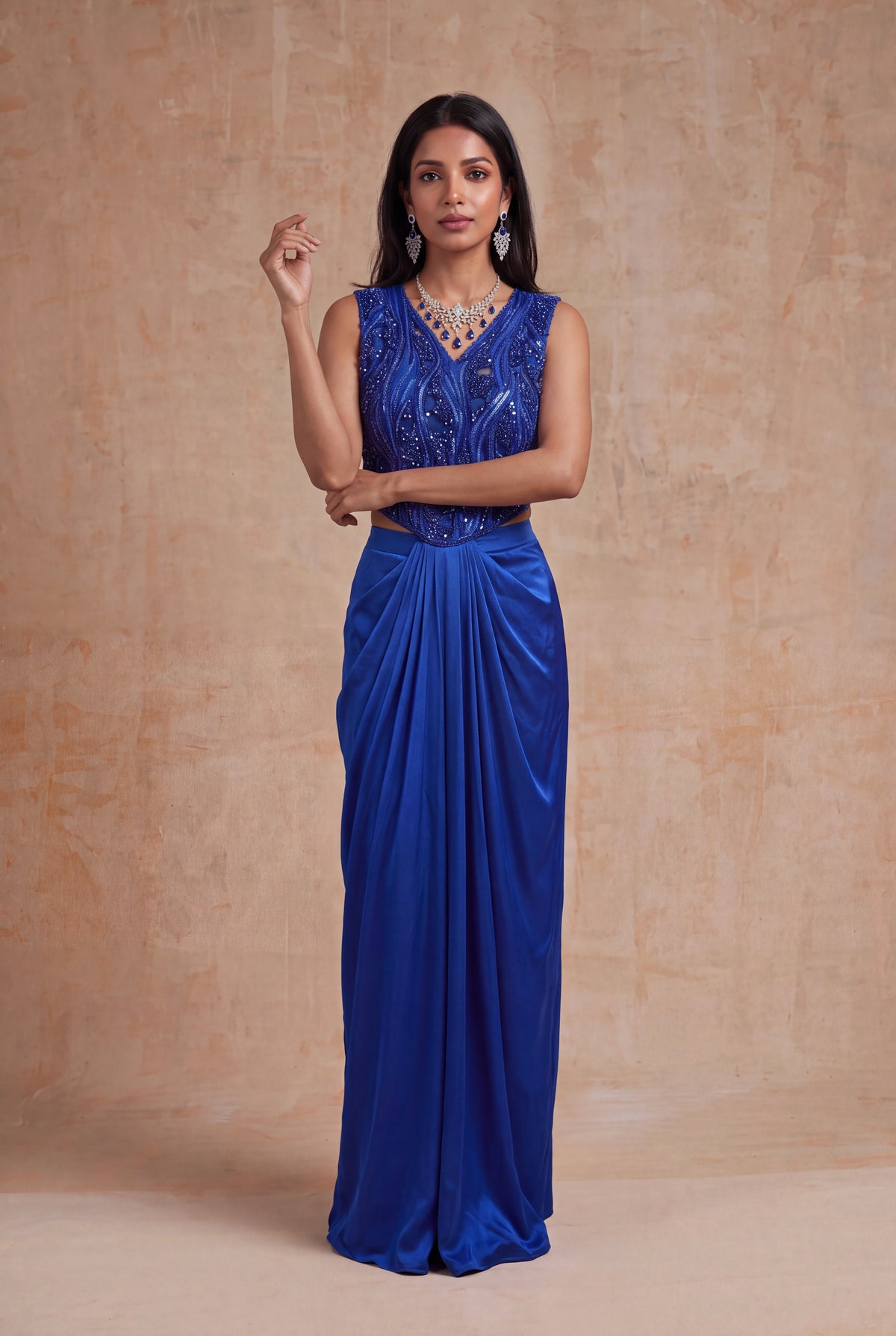 Royal Blue Embellished Draped Skirt Set