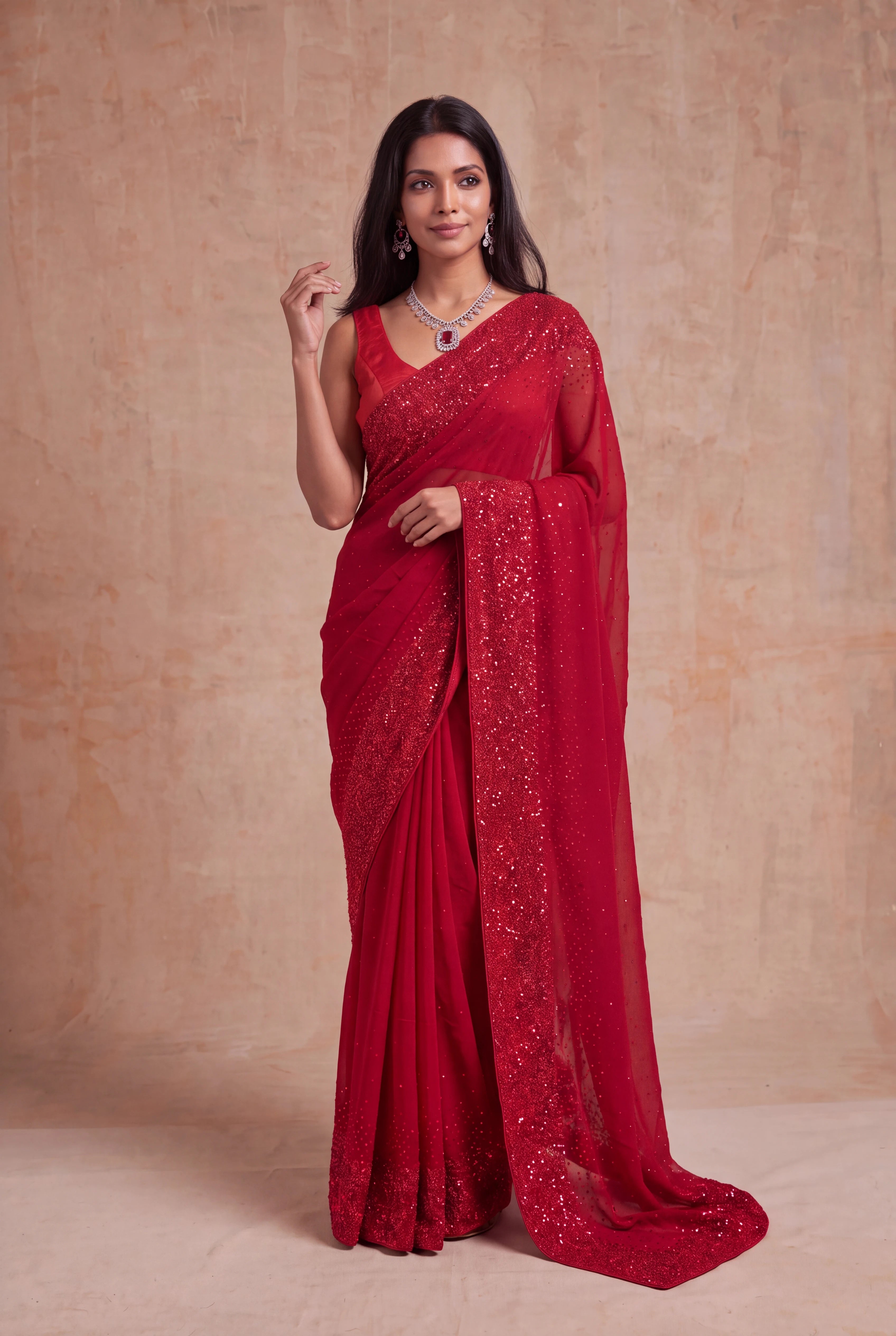 Red Crepe Saree with Sequin Work Border