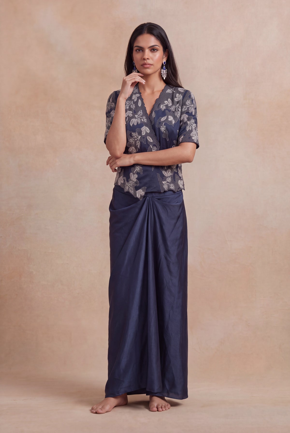 Navy Blue Satin Silk Indo-Western Set