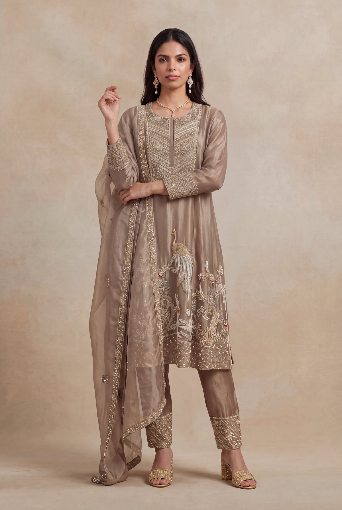 Mocha Taupe Pure Tissue Silk Indo Western Kurta Set with Zardozi Embroidery