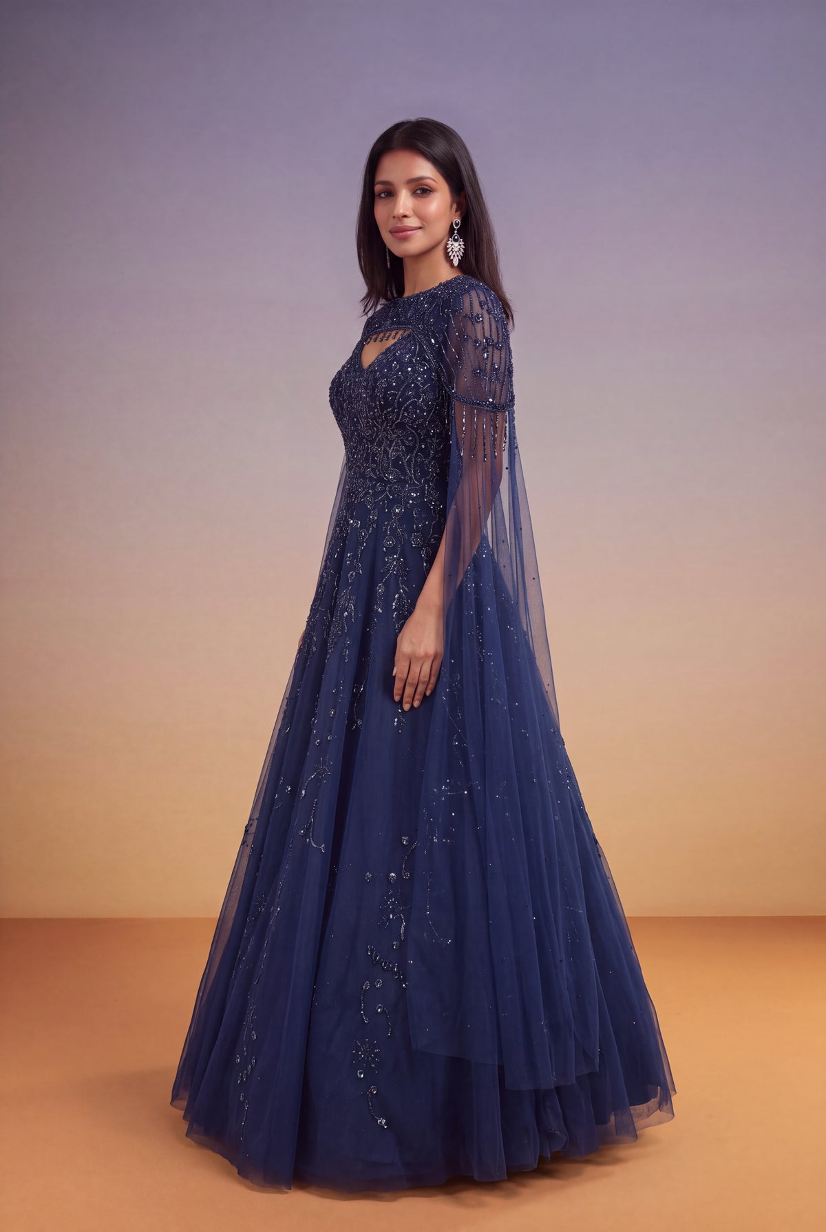 Navy Blue Katdana & Sequin Net Gown with Cape