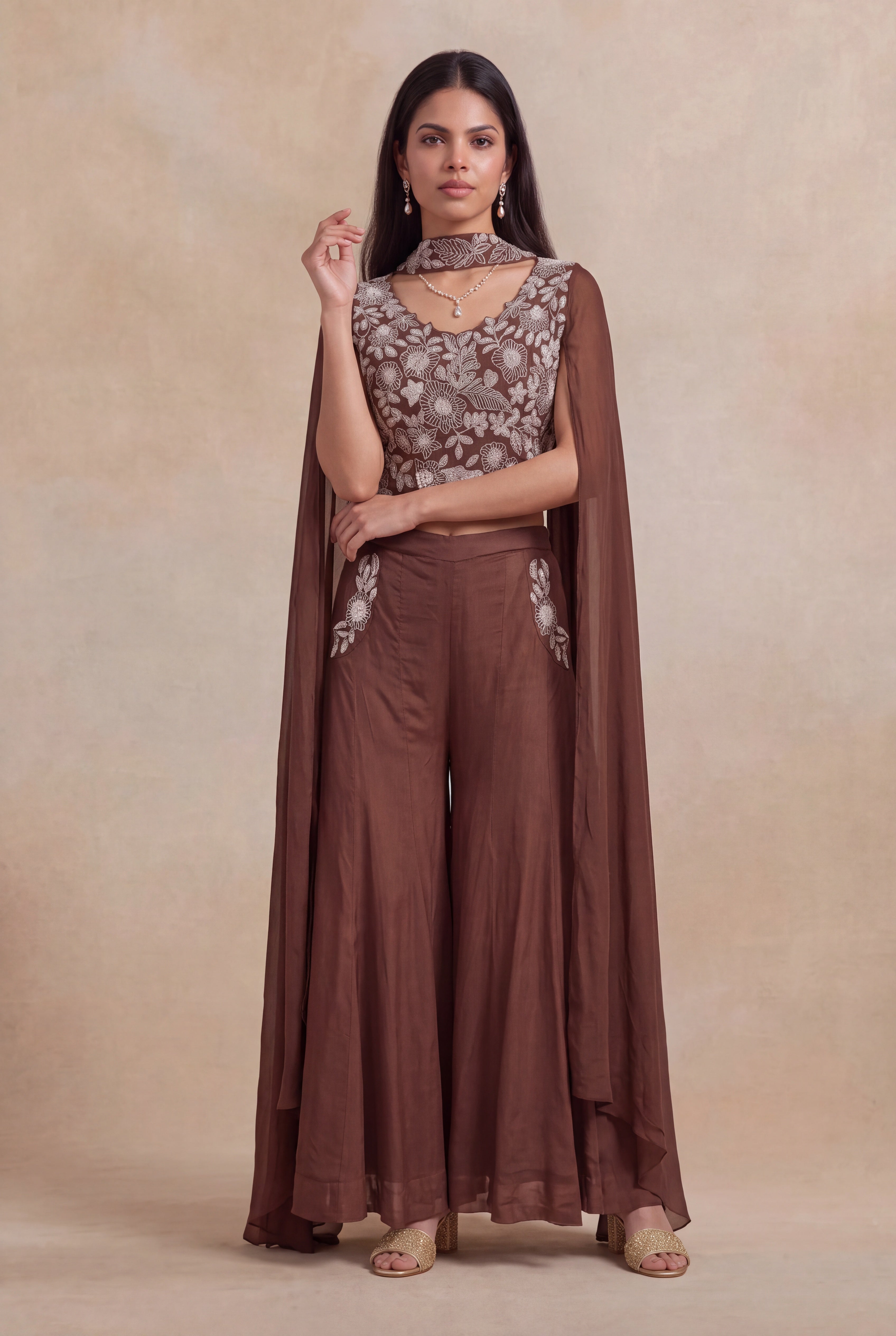 Brown Georgette Indo-Western Palazzo Set