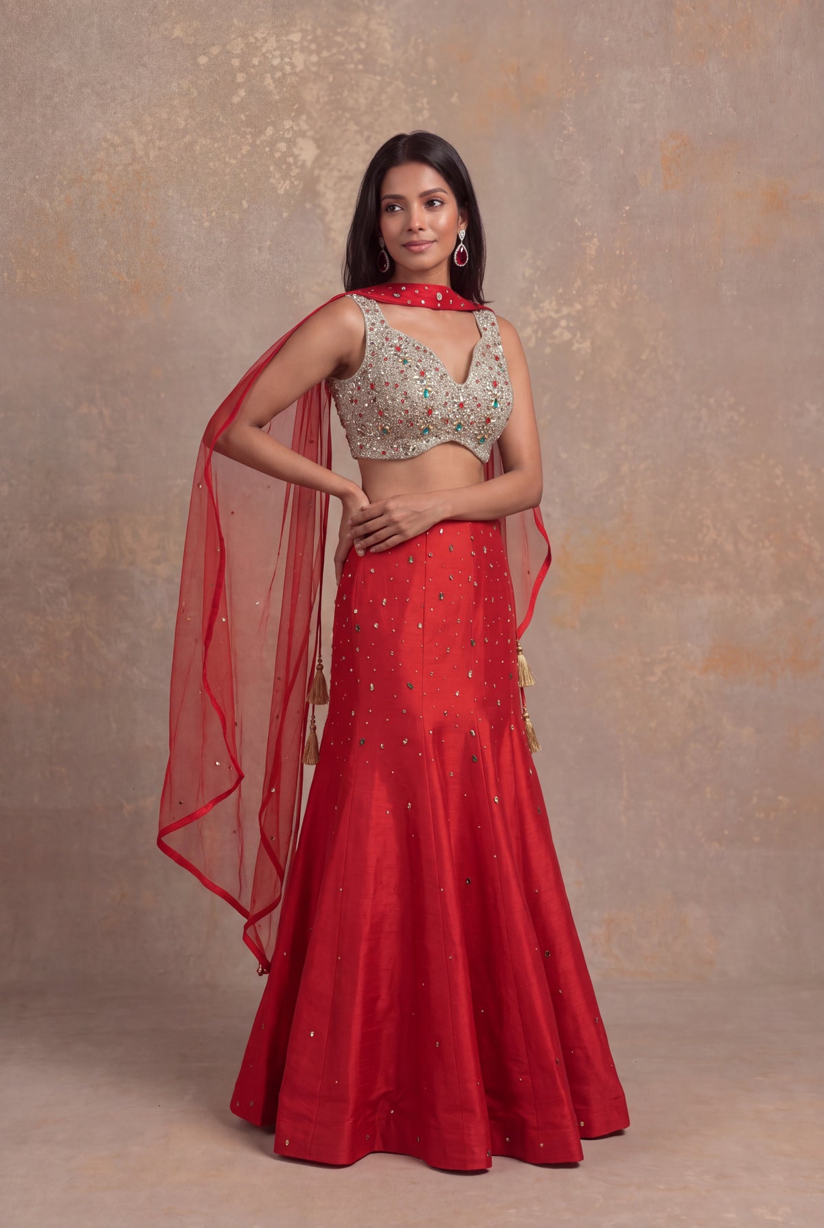Red Raw Silk Indo-Western Crop Top & Skirt Set