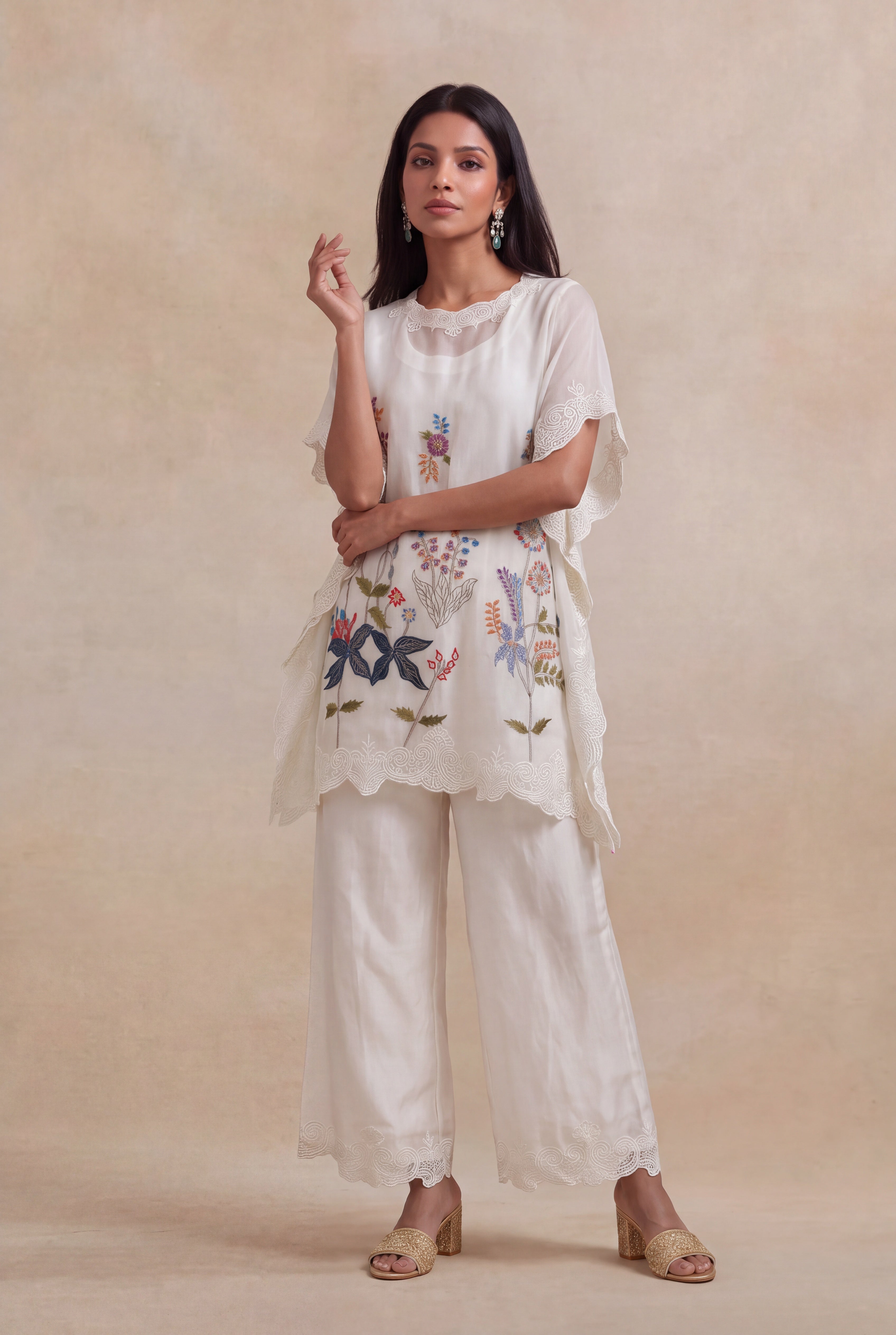 Ivory Organza Kaftan with Floral Thread Embroidery