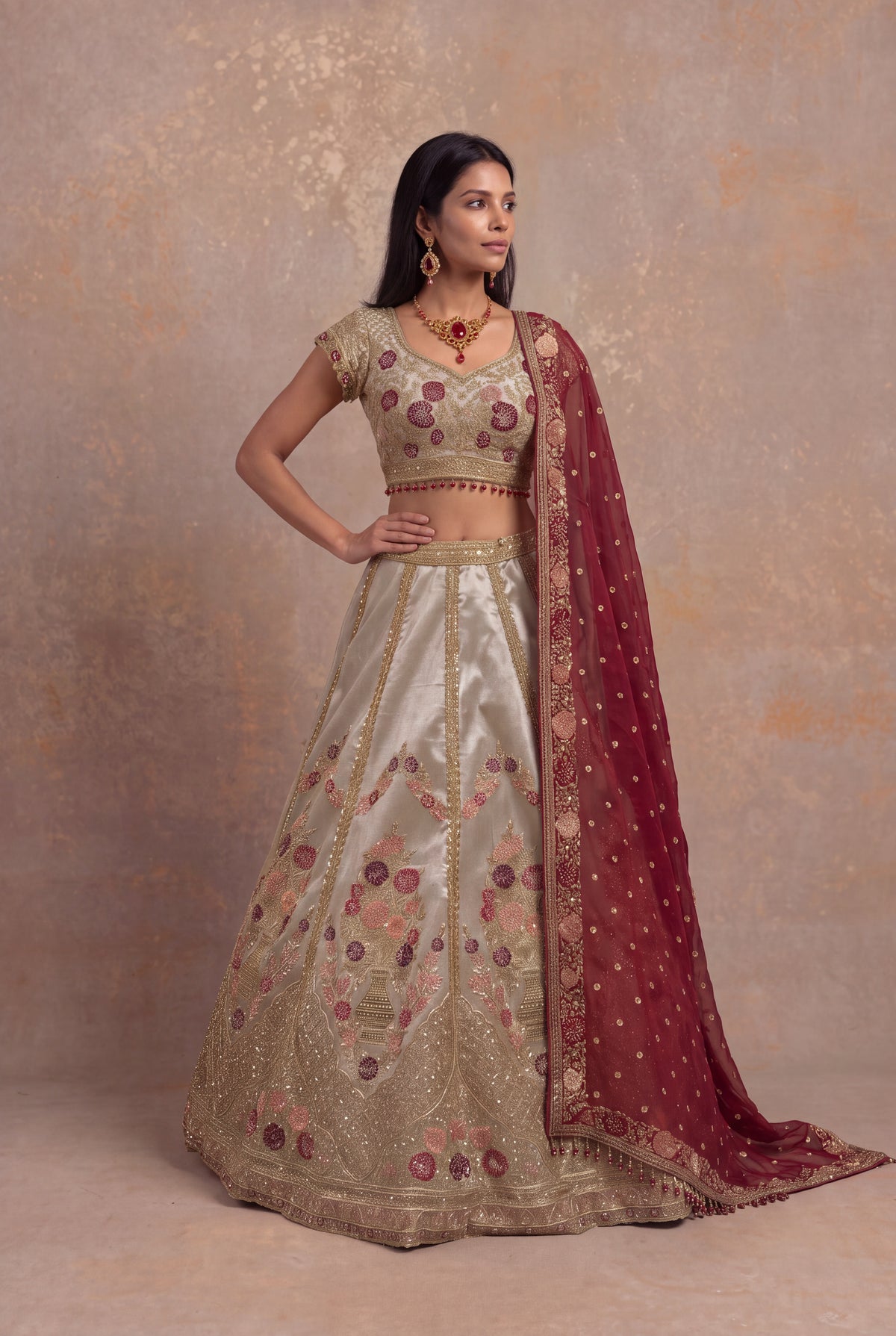 Gray Tissue Lehenga Set with Zardozi and Velvet Applique
