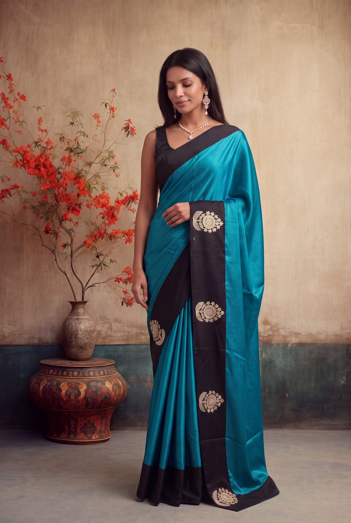 Teal Blue Crepe Silk Saree