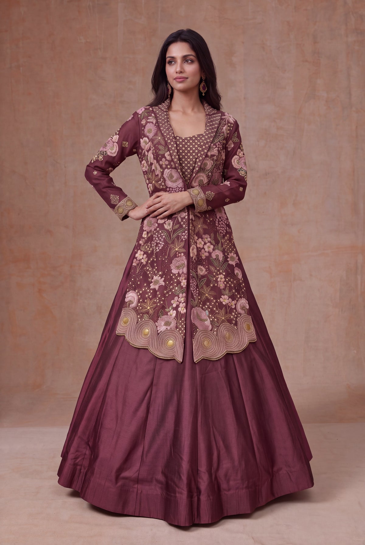 Wine Mauve Raw Silk Jacket Lehenga with Floral Embroidery