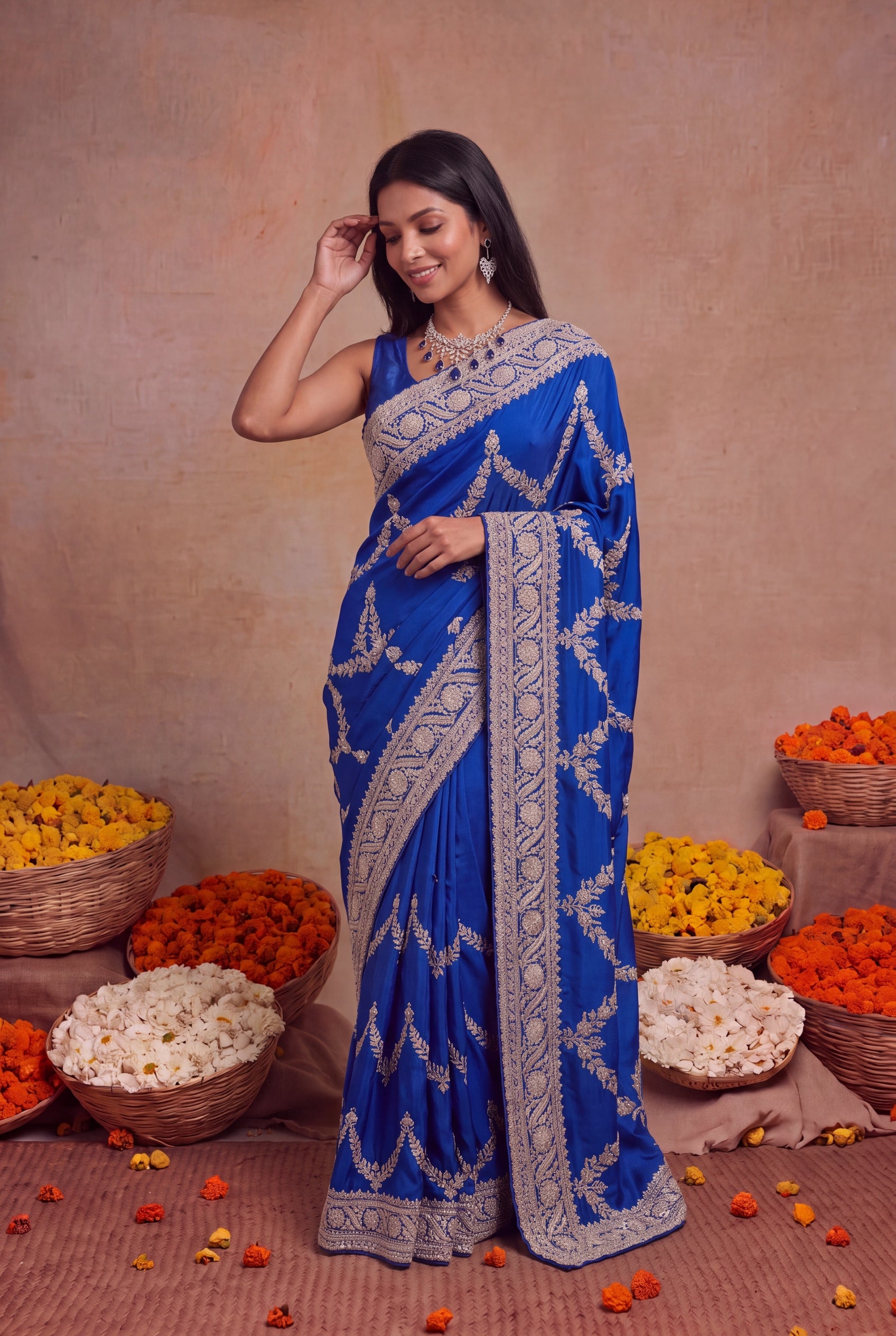 Ink Blue Satin Saree with Zardosi Embroidery