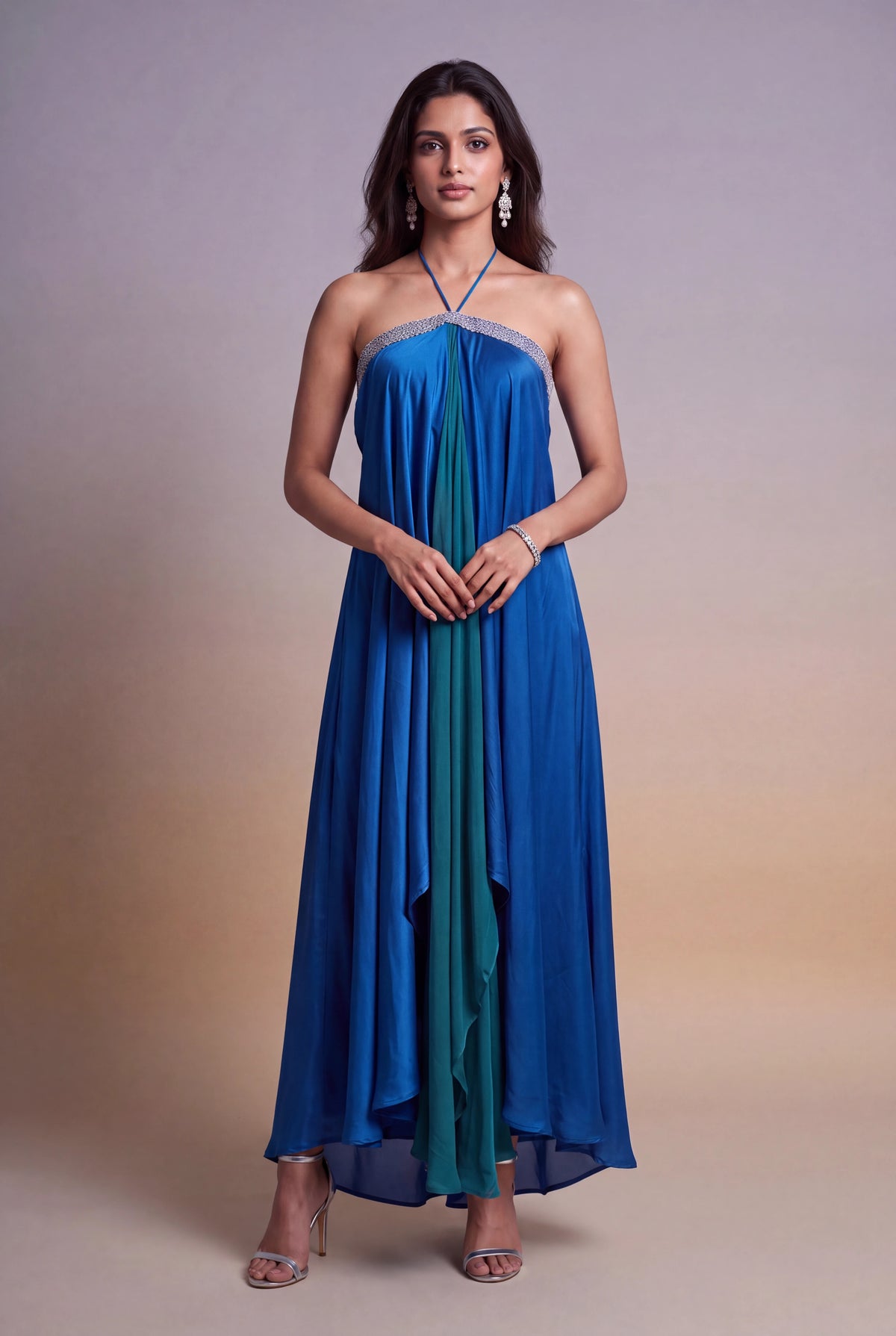 Blue & Teal Draped Halter-Neck Indo-Western Dress