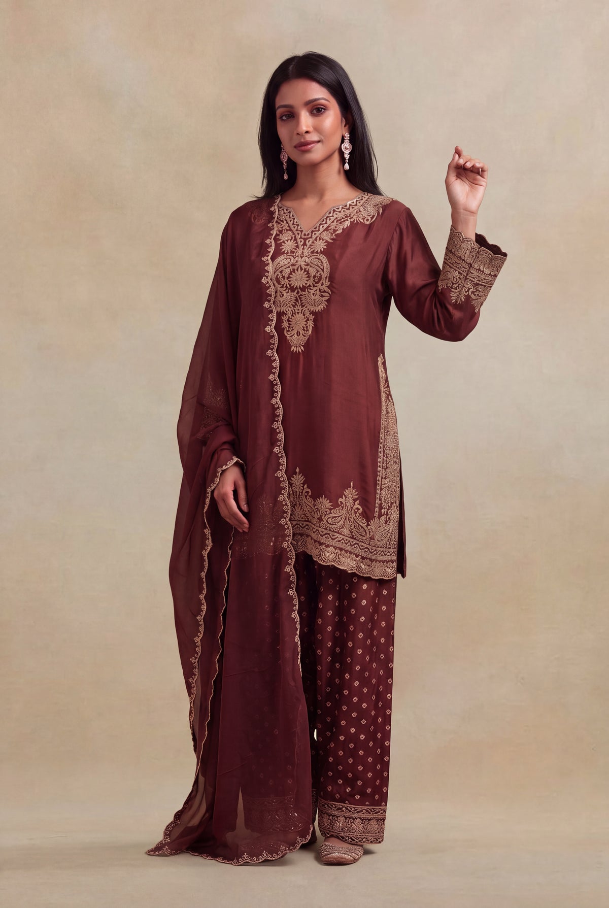 Brown Raw Silk Zardosi Indo-Western Set