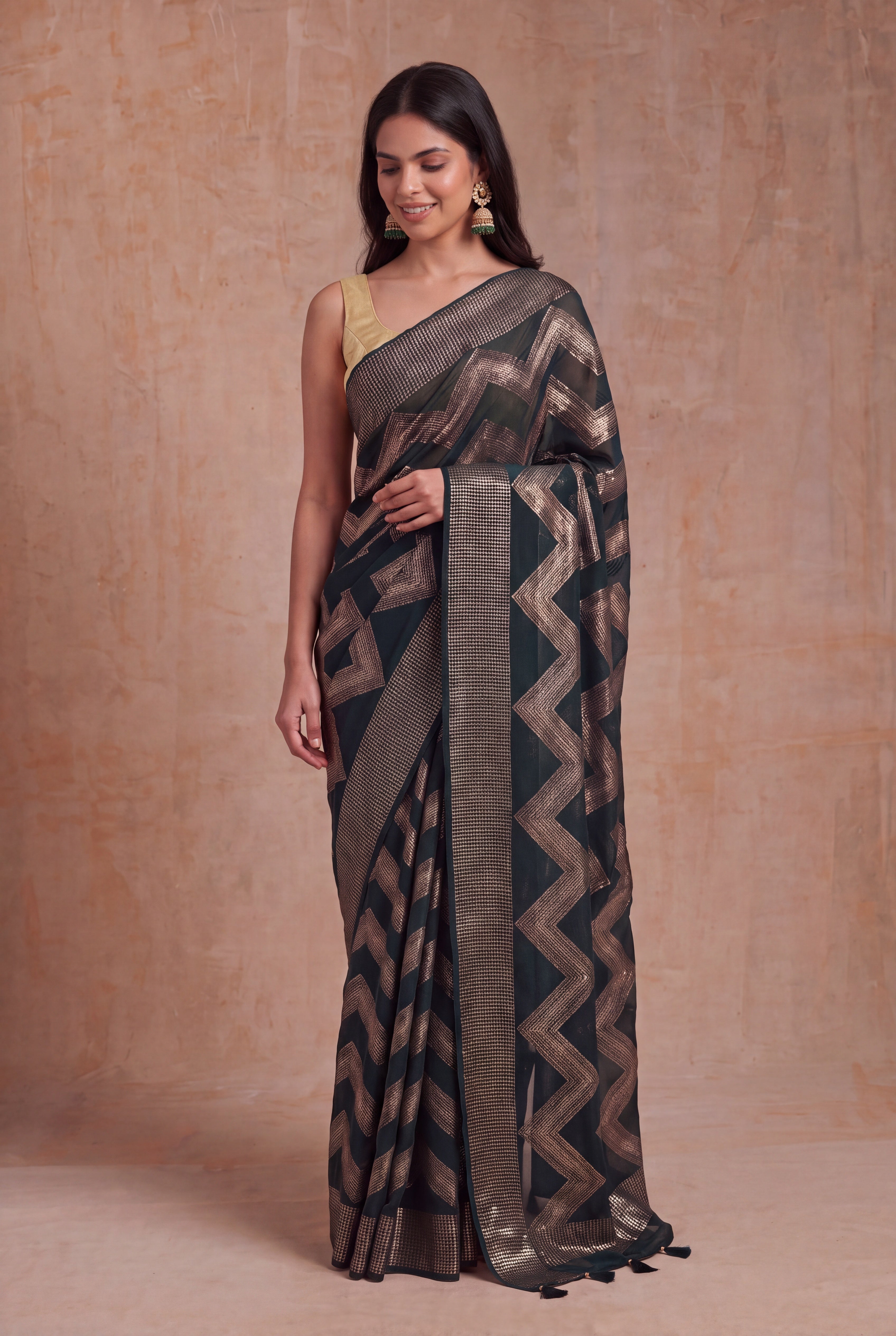 Bottle Green Georgette Sequin Wave Saree