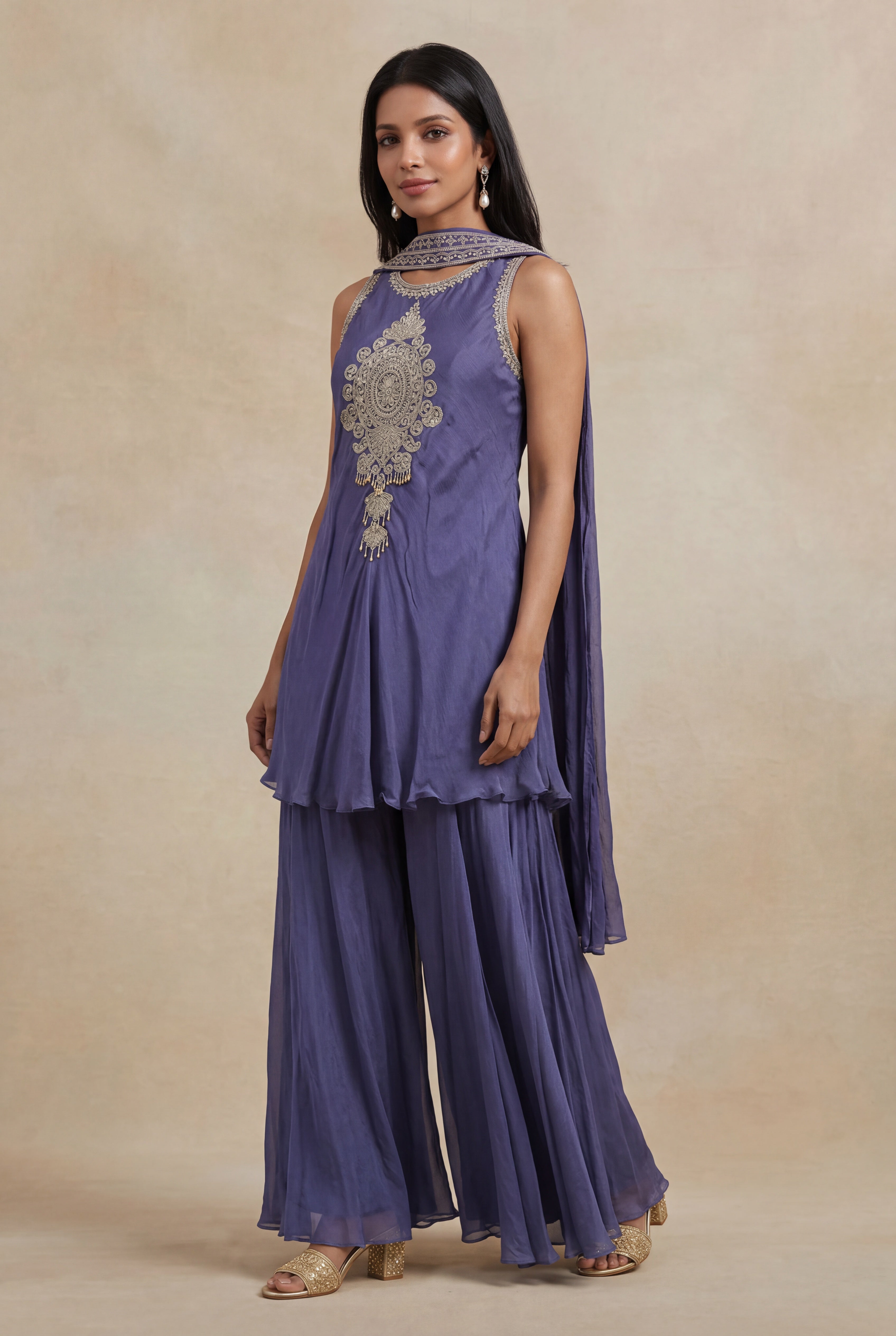 Slate Violet Chinon Katdana & Sequin Indo Western Set