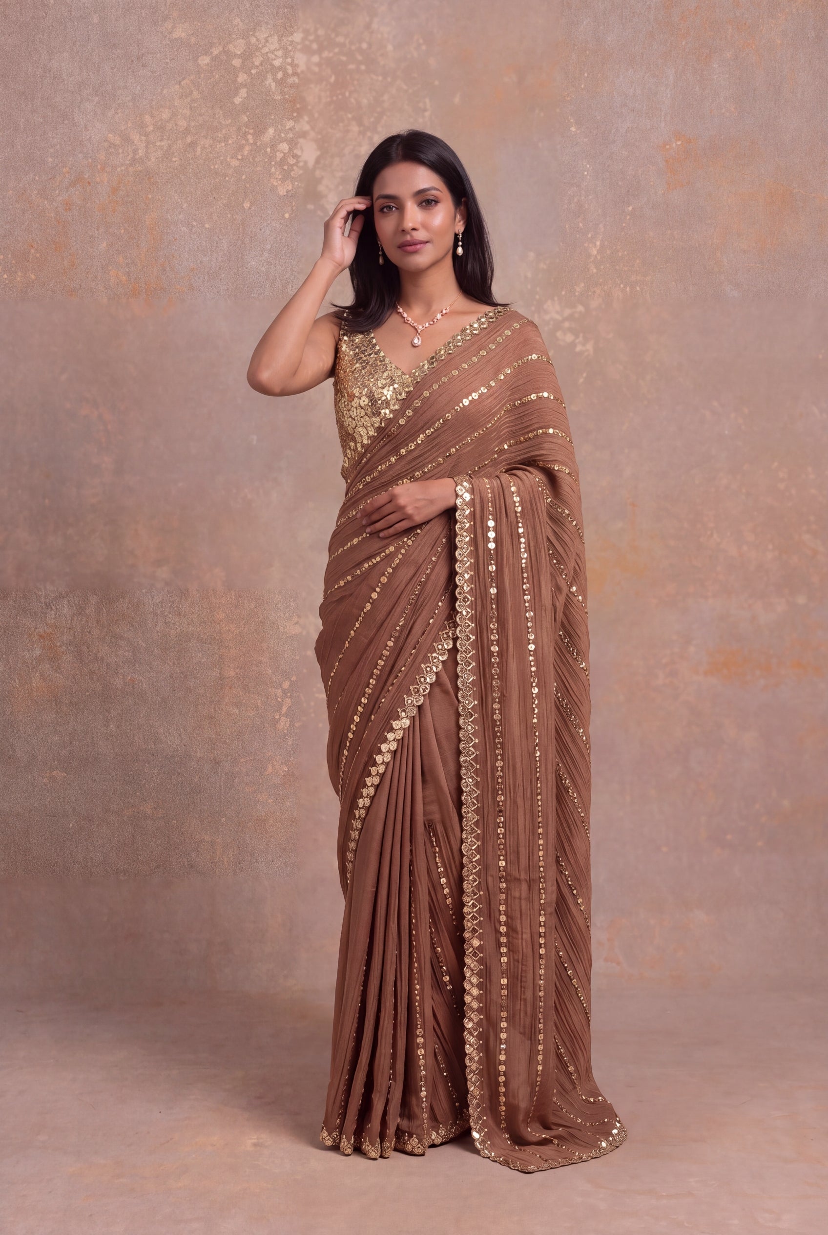 Brown Crush Crepe Saree