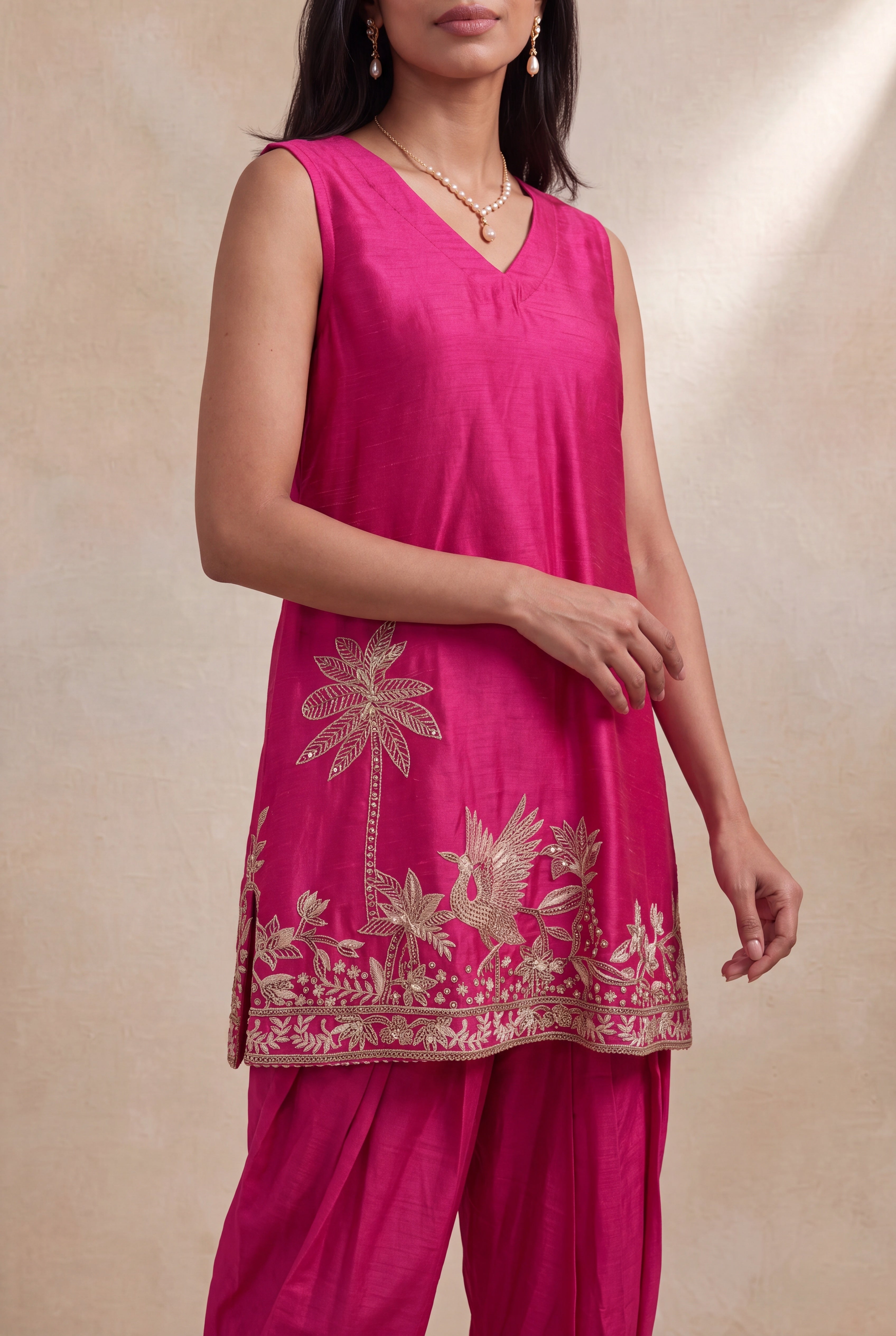 Rani Pink Raw Silk Indo-Western Dhoti Set