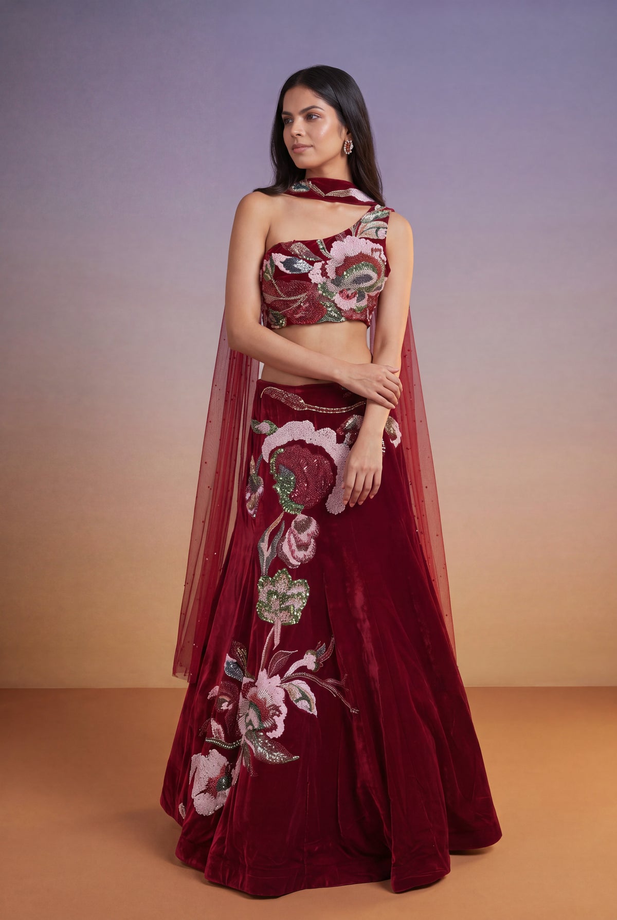 Cherry Red Velvet Lehenga Set with Cutdana and Pearl Embroidery