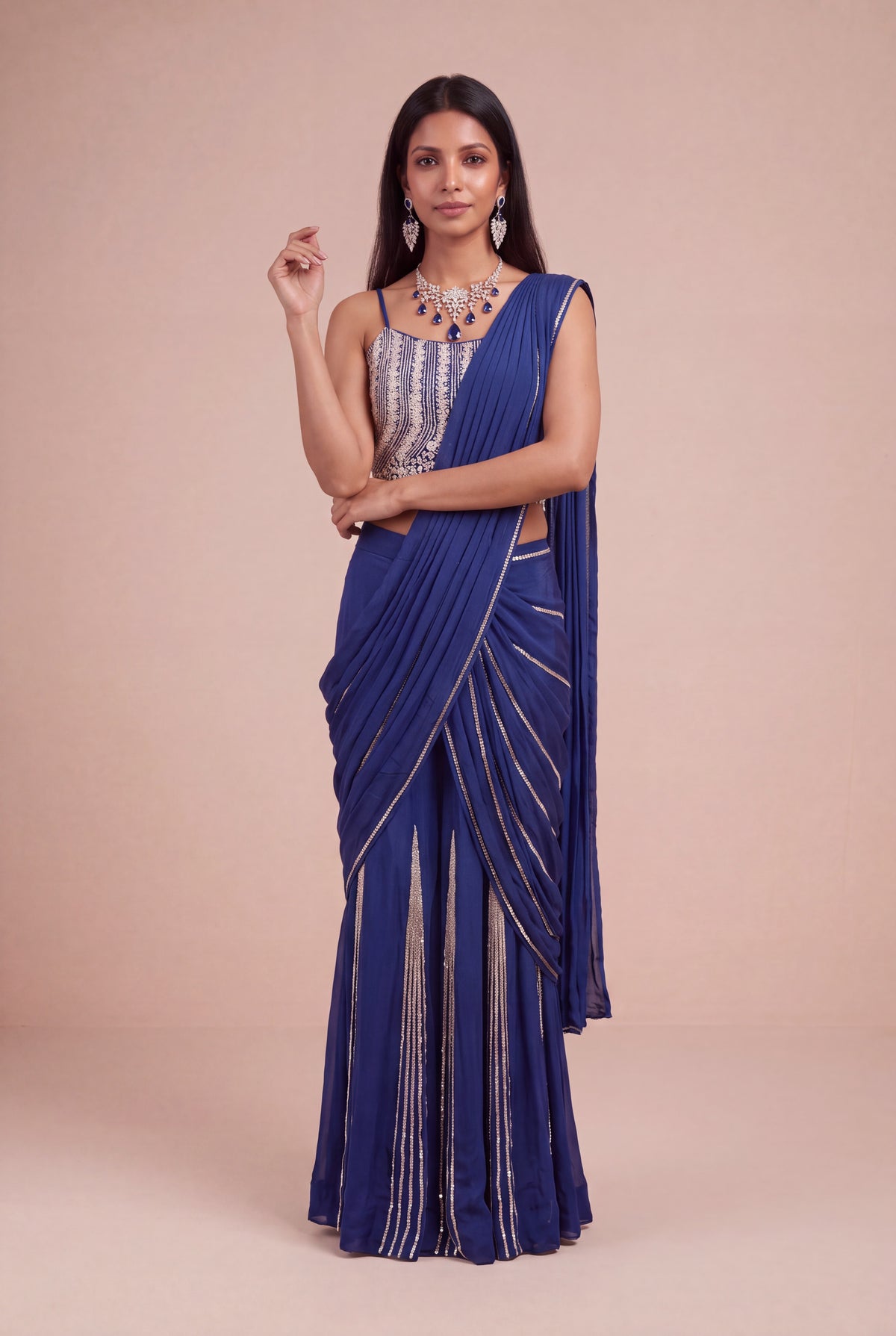 Royal Blue Chinon Crepe Draped Saree