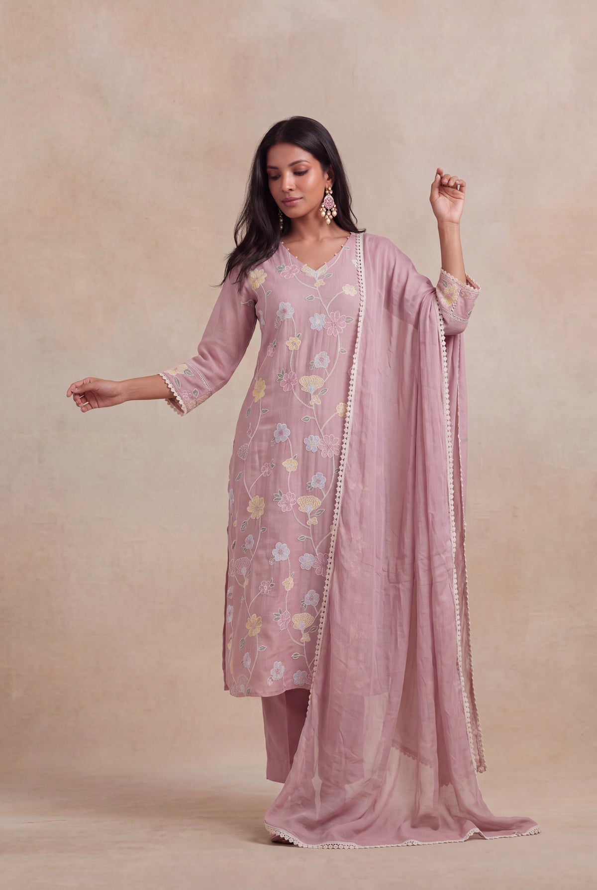 Dusty Rose Mul Cotton Embroidered Kurti Set